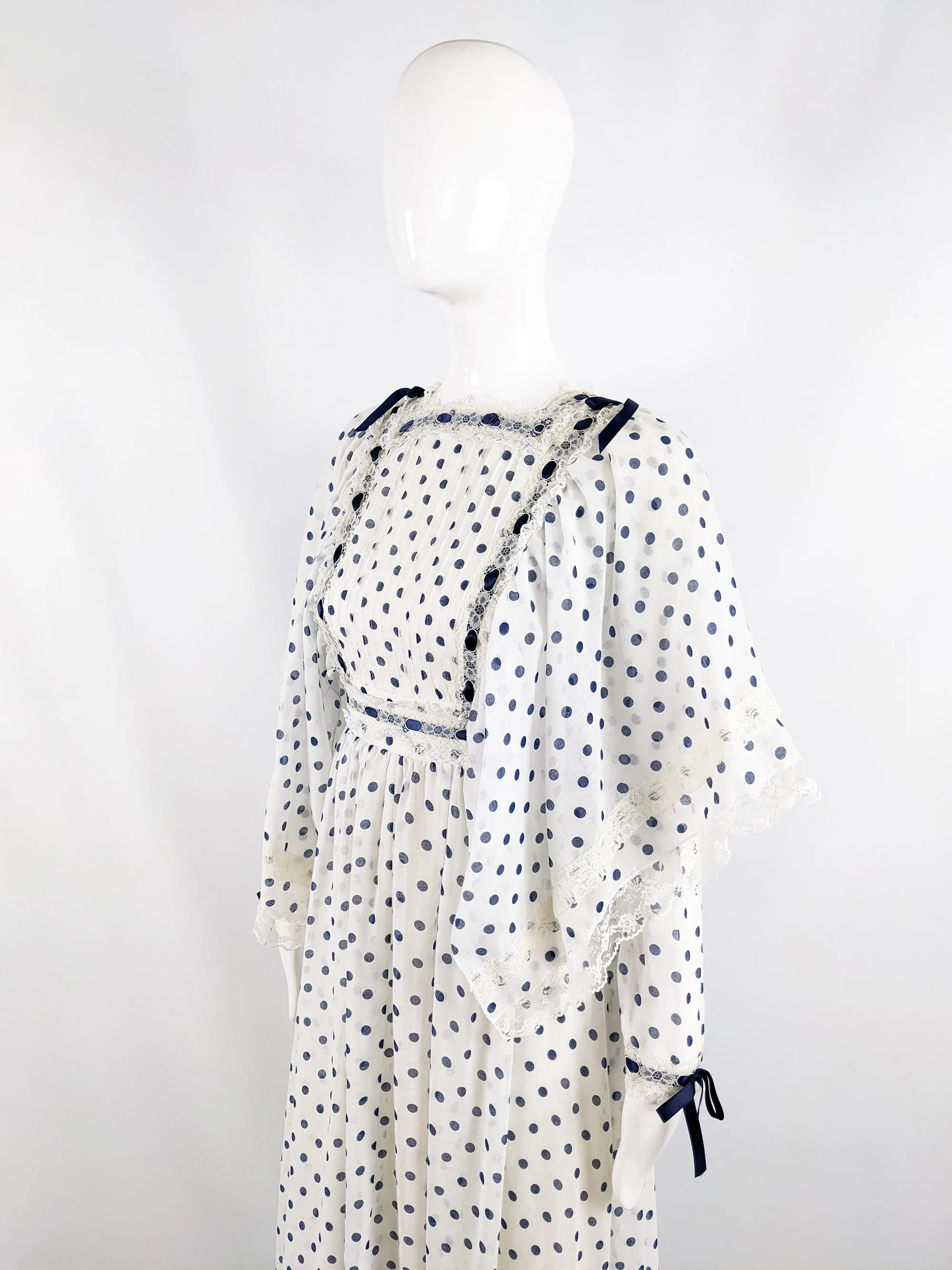 Vintage Off White & Navy Blue Polka Dot Historical Dress, 1970s