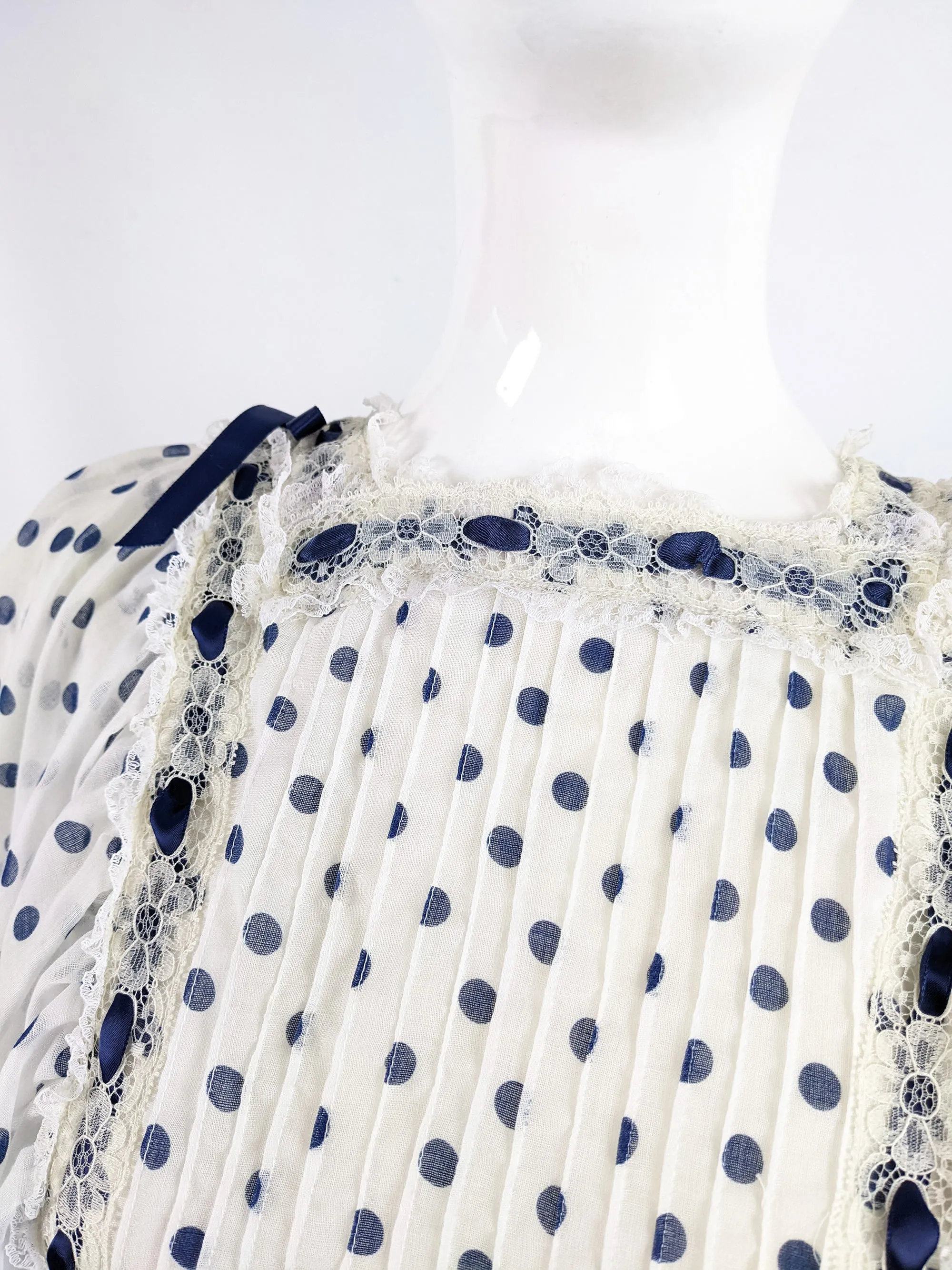 Vintage Off White & Navy Blue Polka Dot Historical Dress, 1970s