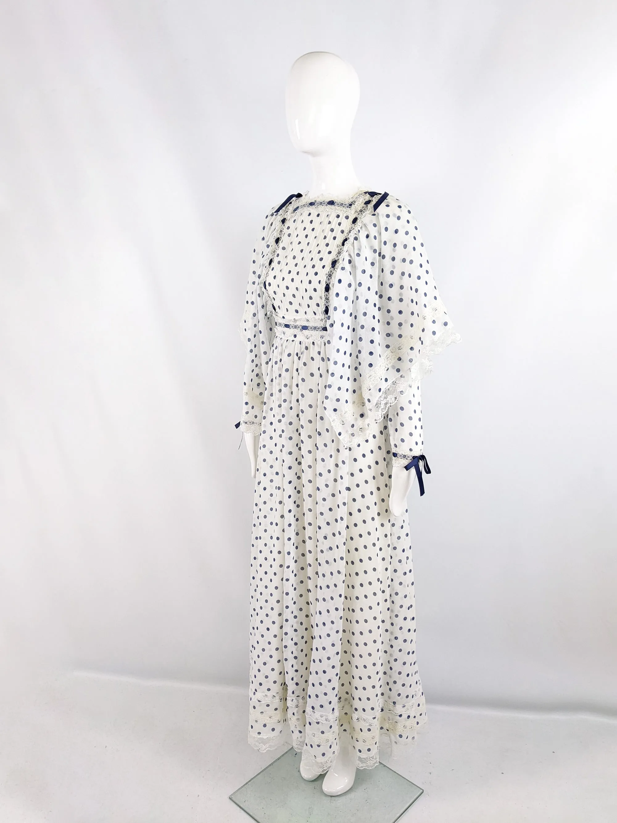 Vintage Off White & Navy Blue Polka Dot Historical Dress, 1970s