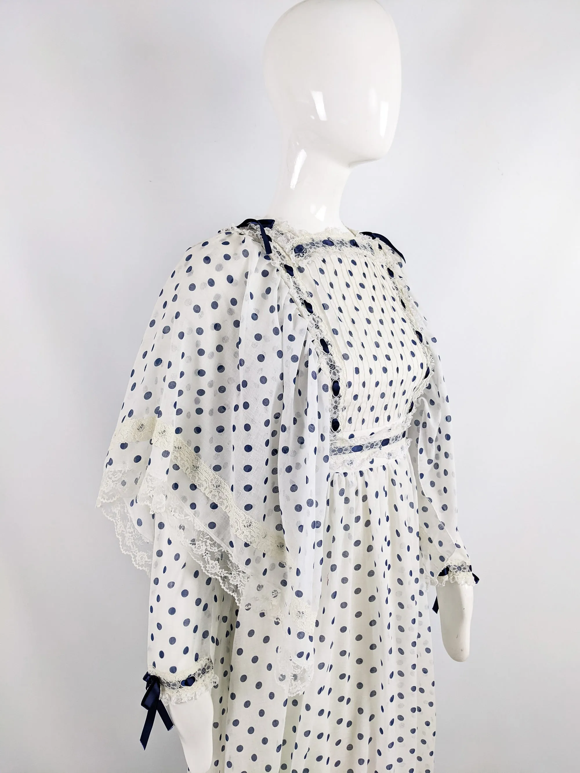 Vintage Off White & Navy Blue Polka Dot Historical Dress, 1970s