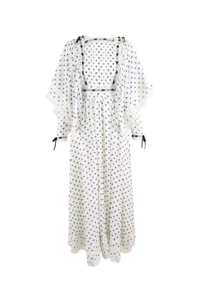 Vintage Off White & Navy Blue Polka Dot Historical Dress, 1970s