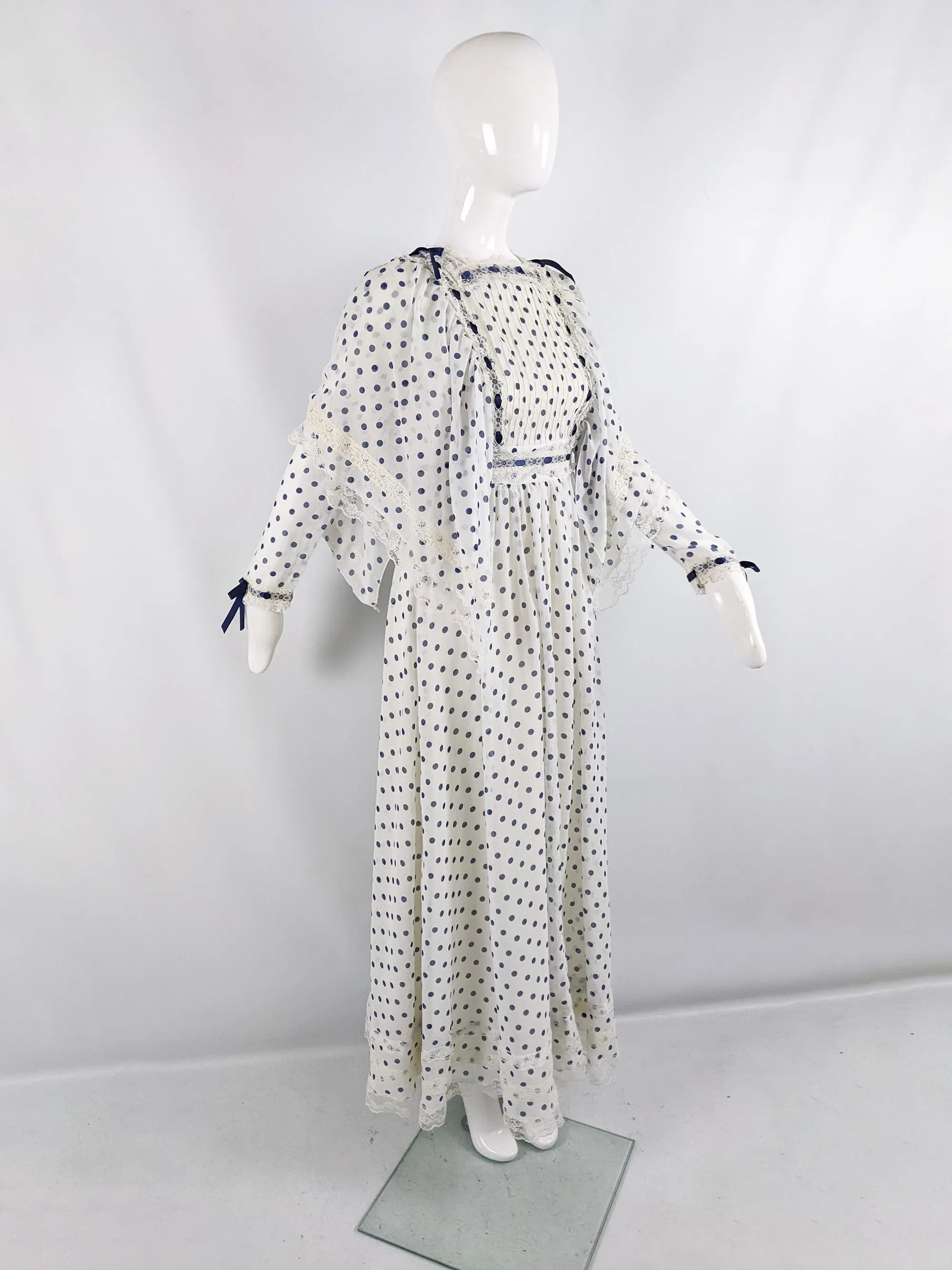 Vintage Off White & Navy Blue Polka Dot Historical Dress, 1970s