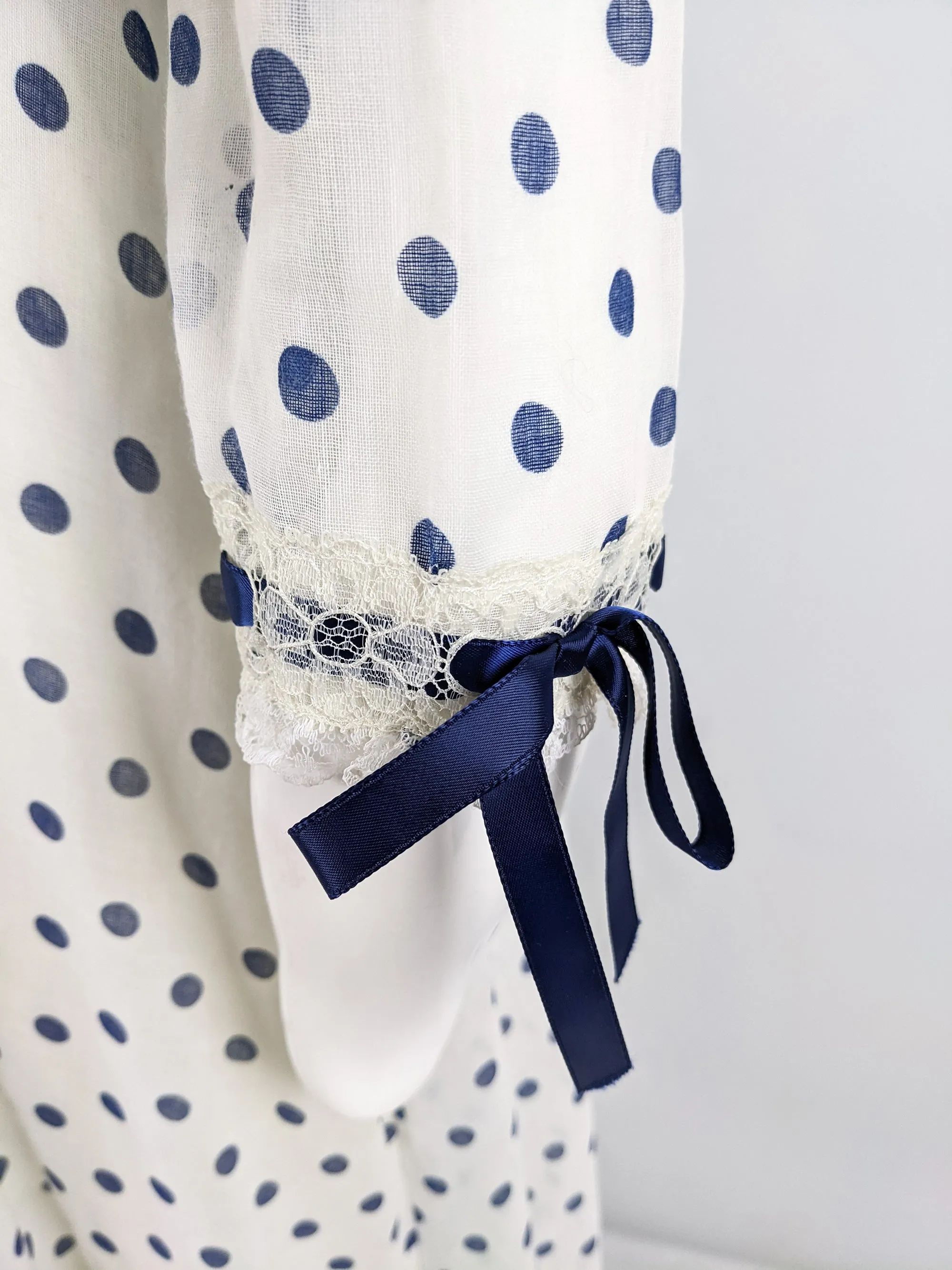 Vintage Off White & Navy Blue Polka Dot Historical Dress, 1970s