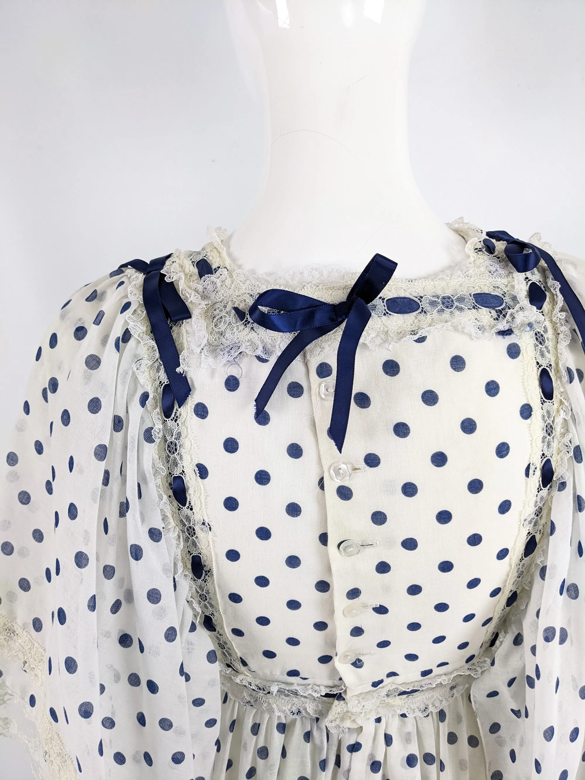 Vintage Off White & Navy Blue Polka Dot Historical Dress, 1970s