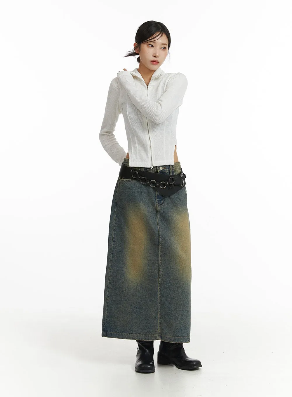 Vintage Washed Denim Maxi Skirt CJ431