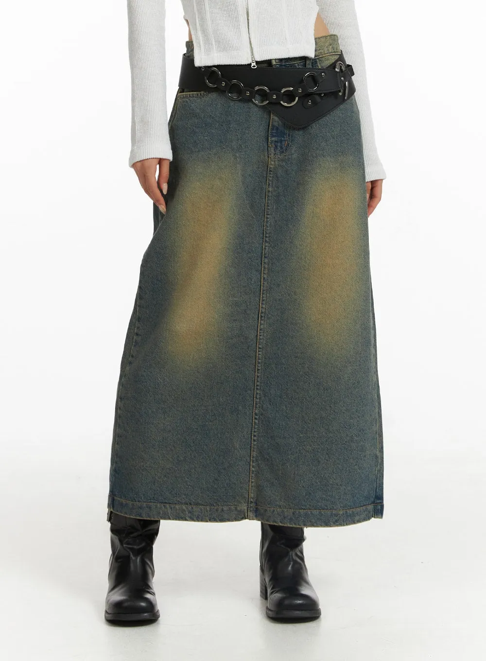 Vintage Washed Denim Maxi Skirt CJ431