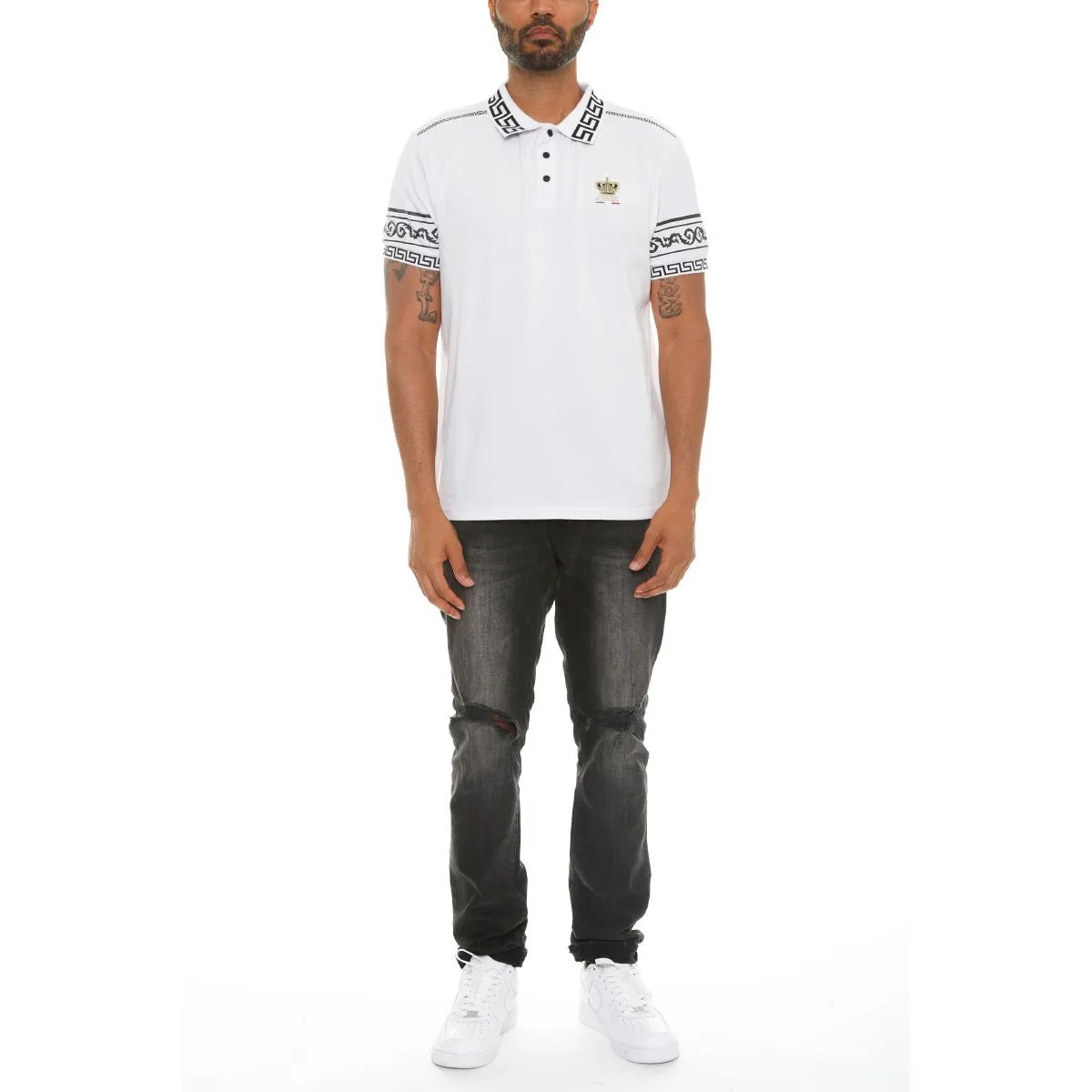 White Italian Print Polo