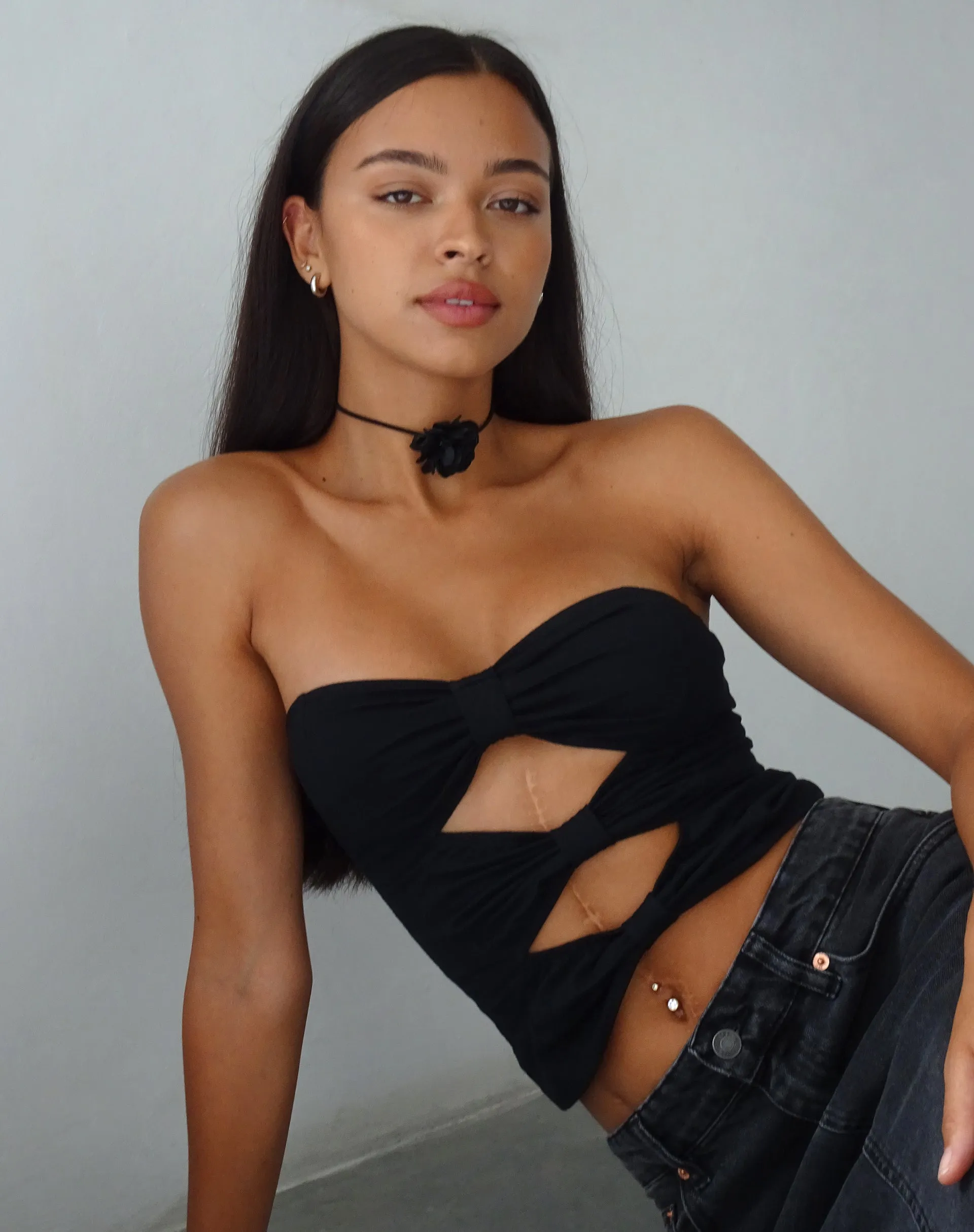 Widayu Bow Twist Bandeau Top in Black