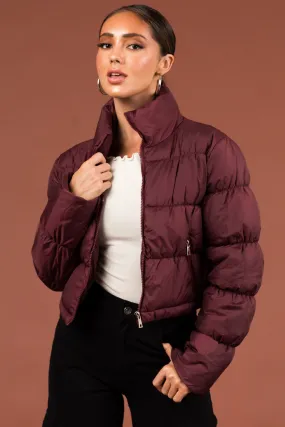 Wine Drawstring Hem Cropped Puffer Jacket