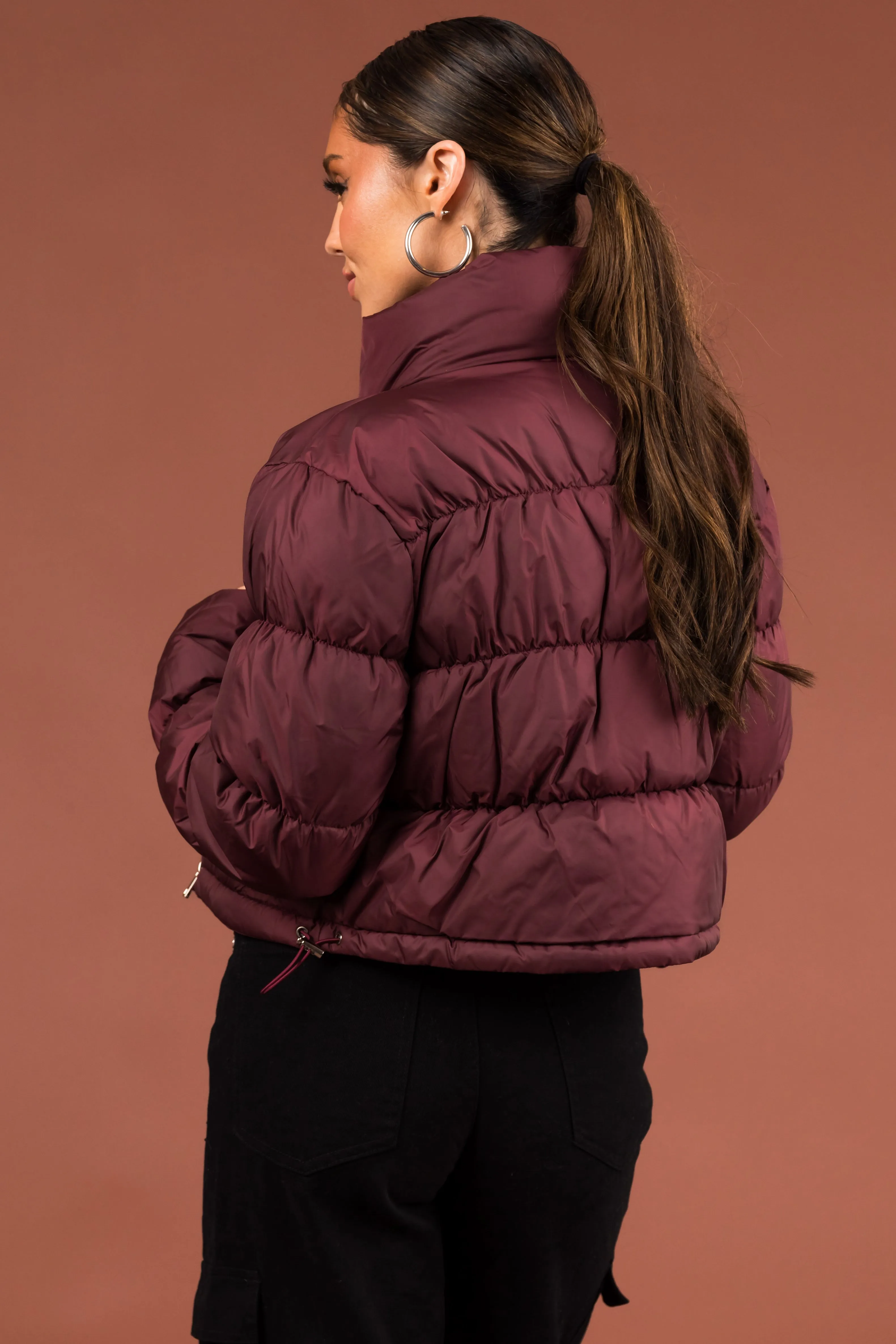 Wine Drawstring Hem Cropped Puffer Jacket