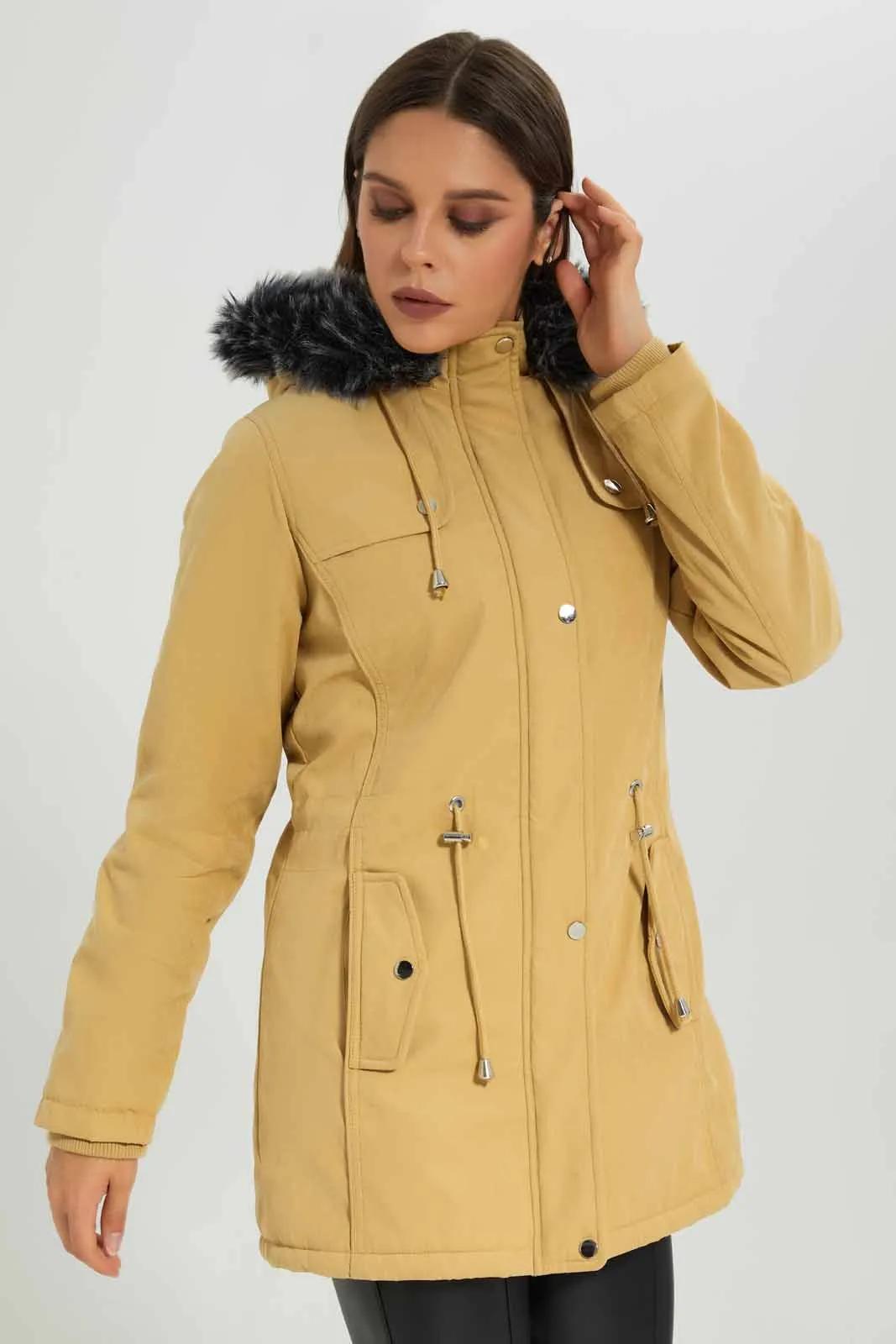 Women Beige Hooded Fur Puffer Padded Jacket