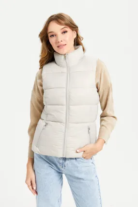 Women Beige Sleeveless Puffer Jacket