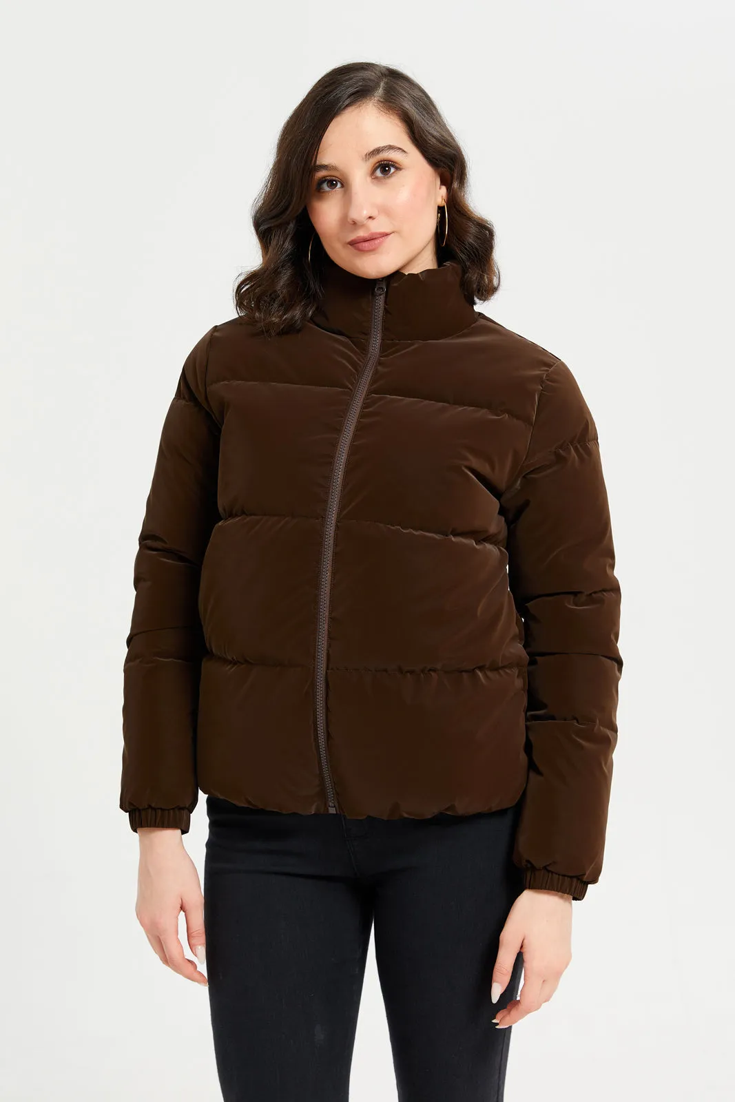 Women Brown Zip Stand Padded Puffer Jacket