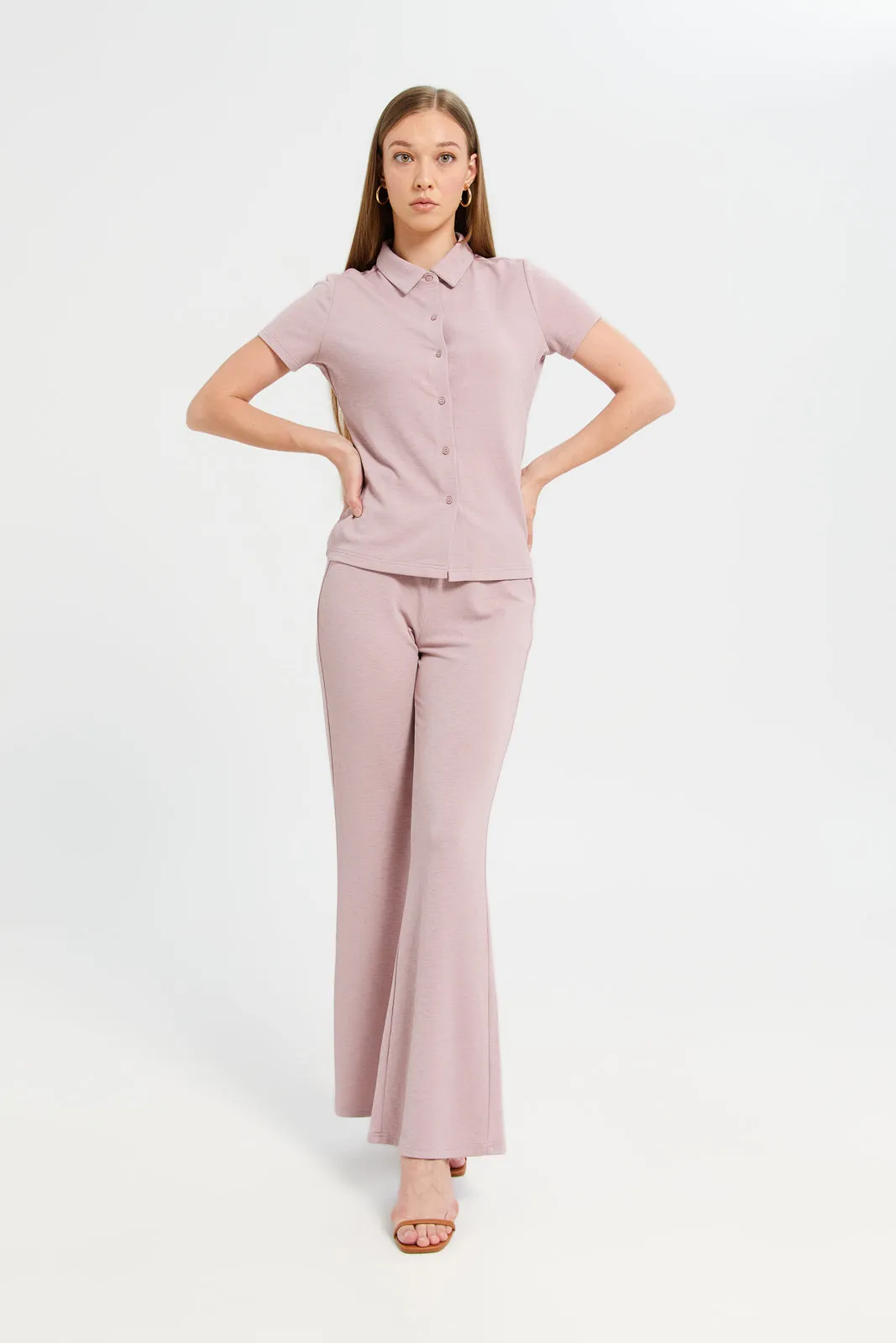 Women Lilac Button Front Collared Top