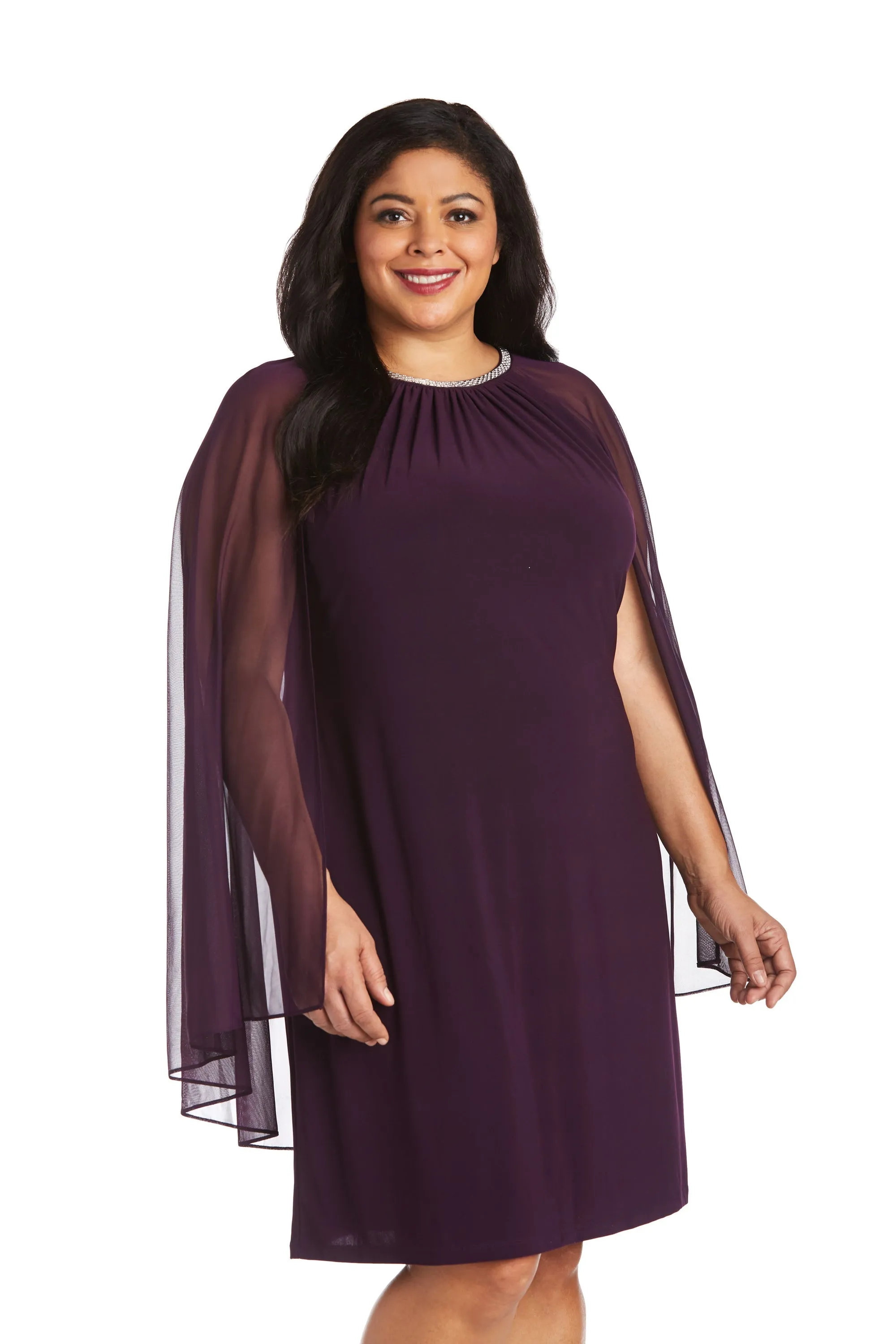 Women Plus Size Cape Dress with Rhinestone Neckline