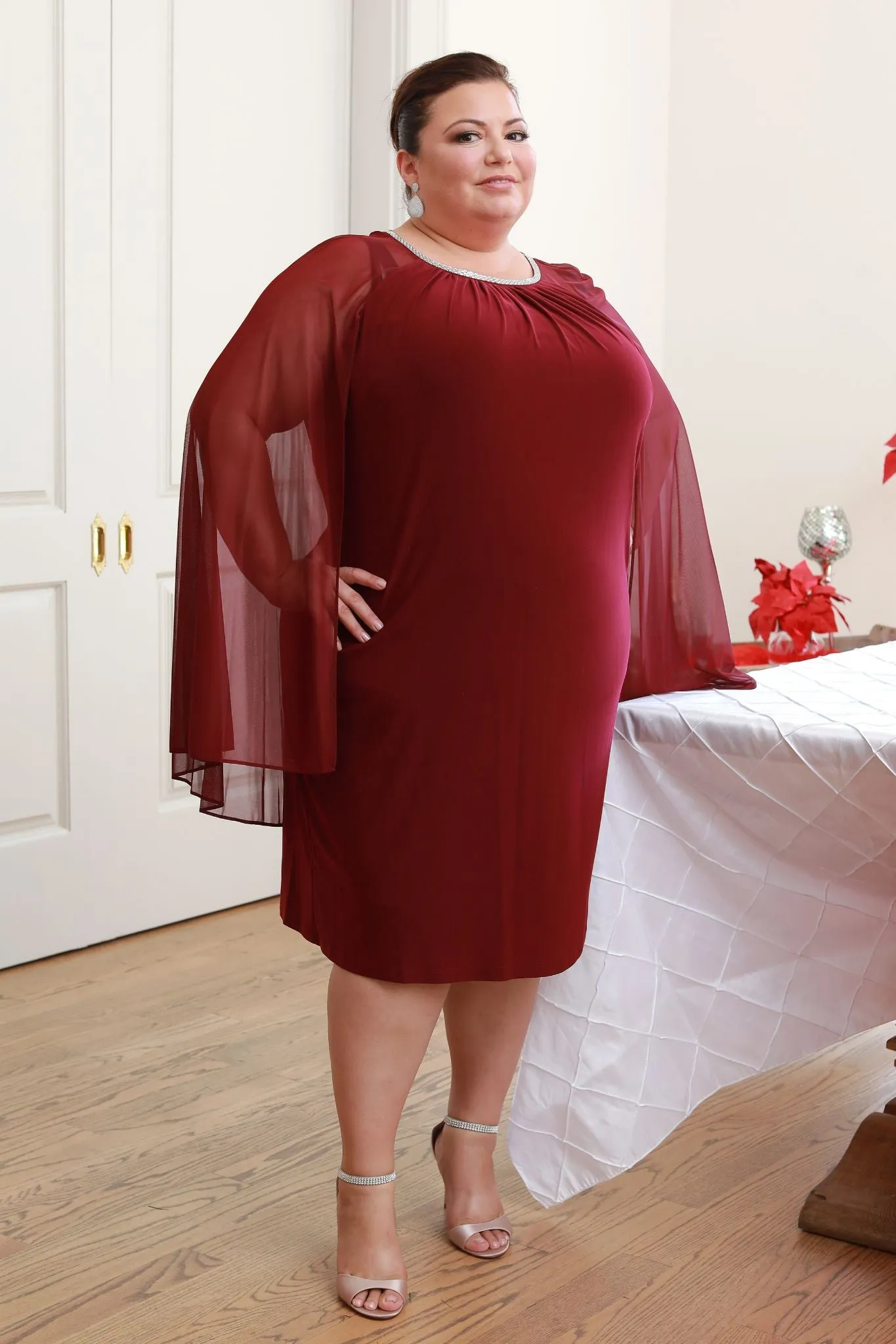 Women Plus Size Cape Dress with Rhinestone Neckline