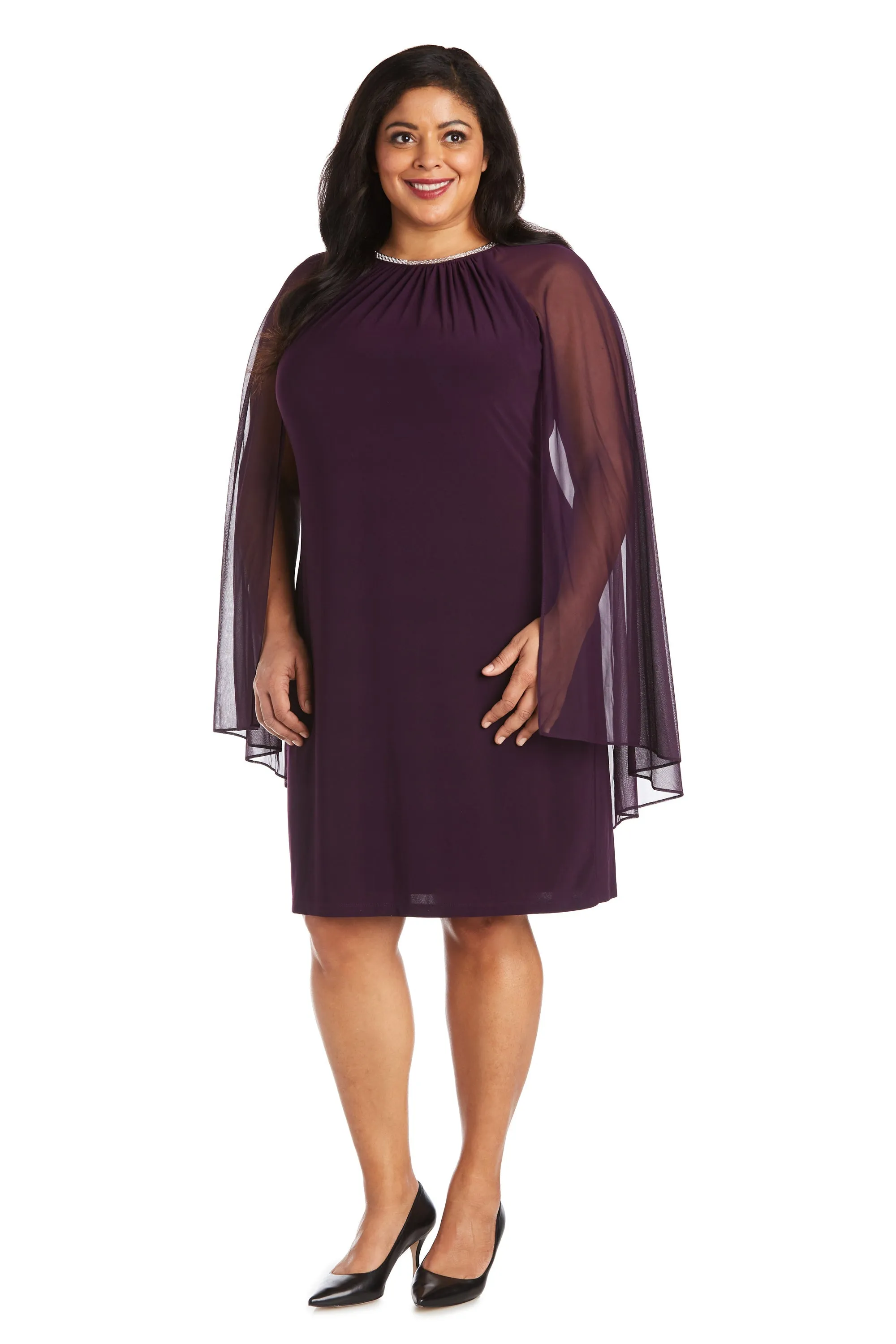 Women Plus Size Cape Dress with Rhinestone Neckline