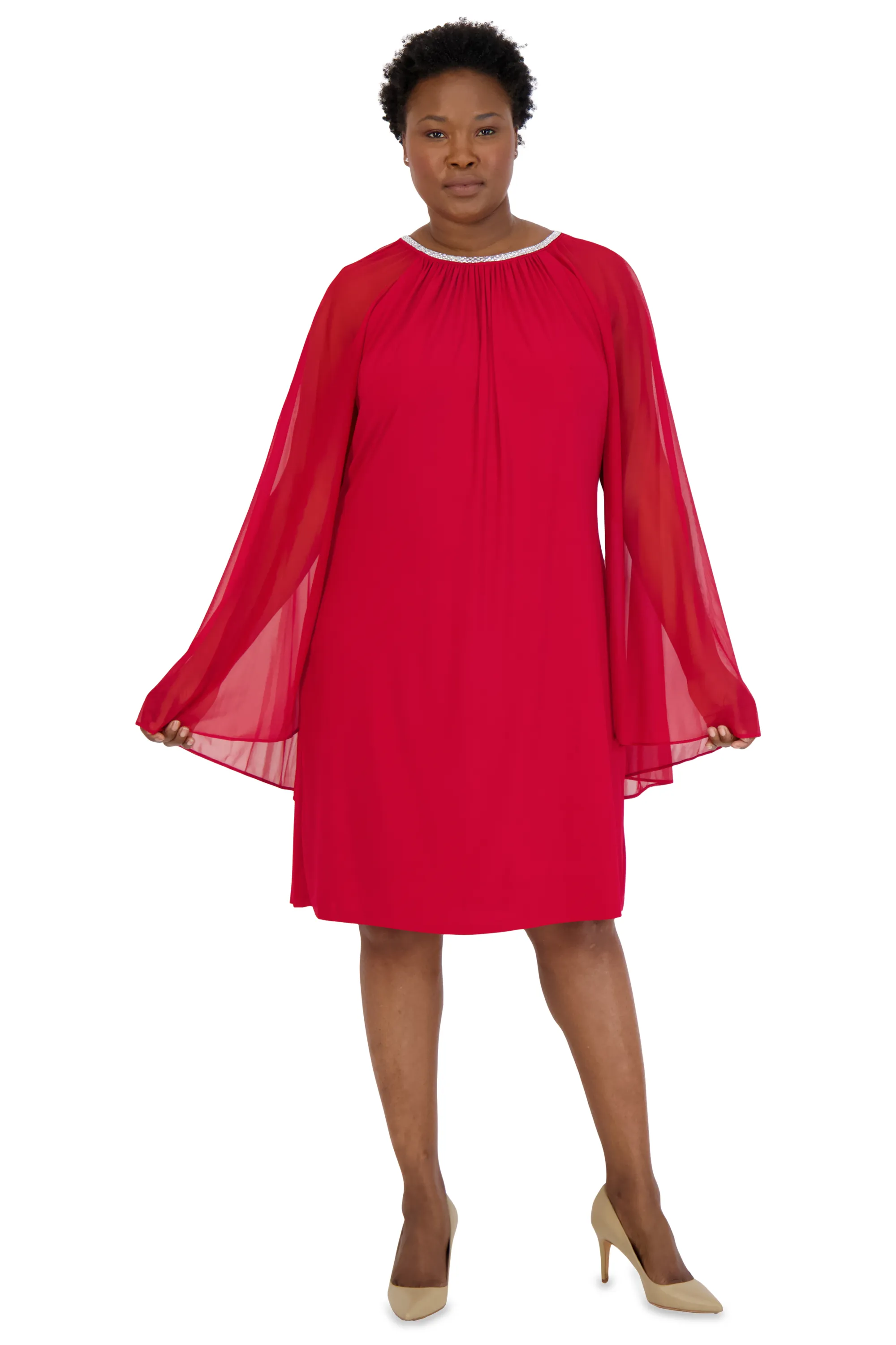 Women Plus Size Cape Dress with Rhinestone Neckline