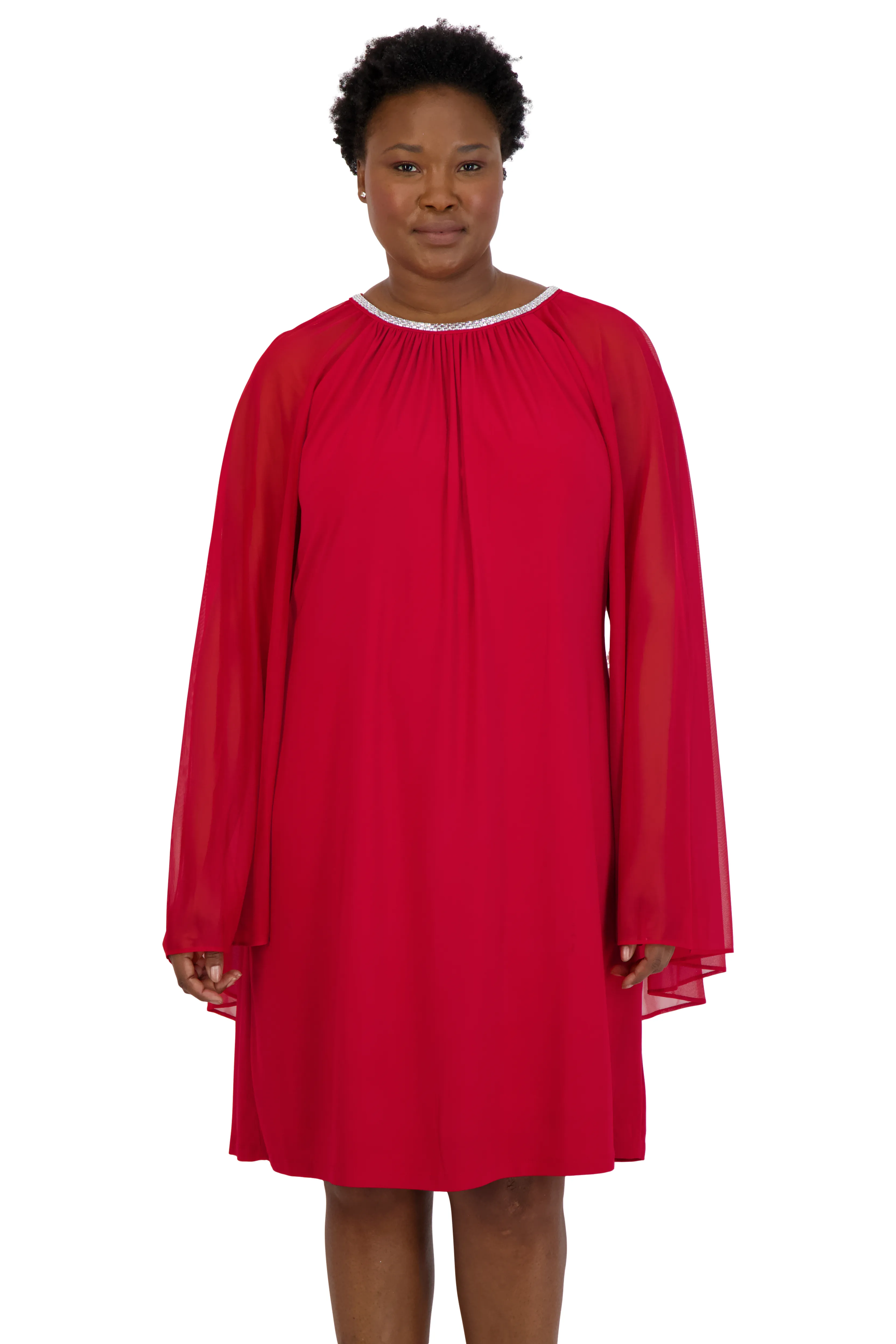 Women Plus Size Cape Dress with Rhinestone Neckline