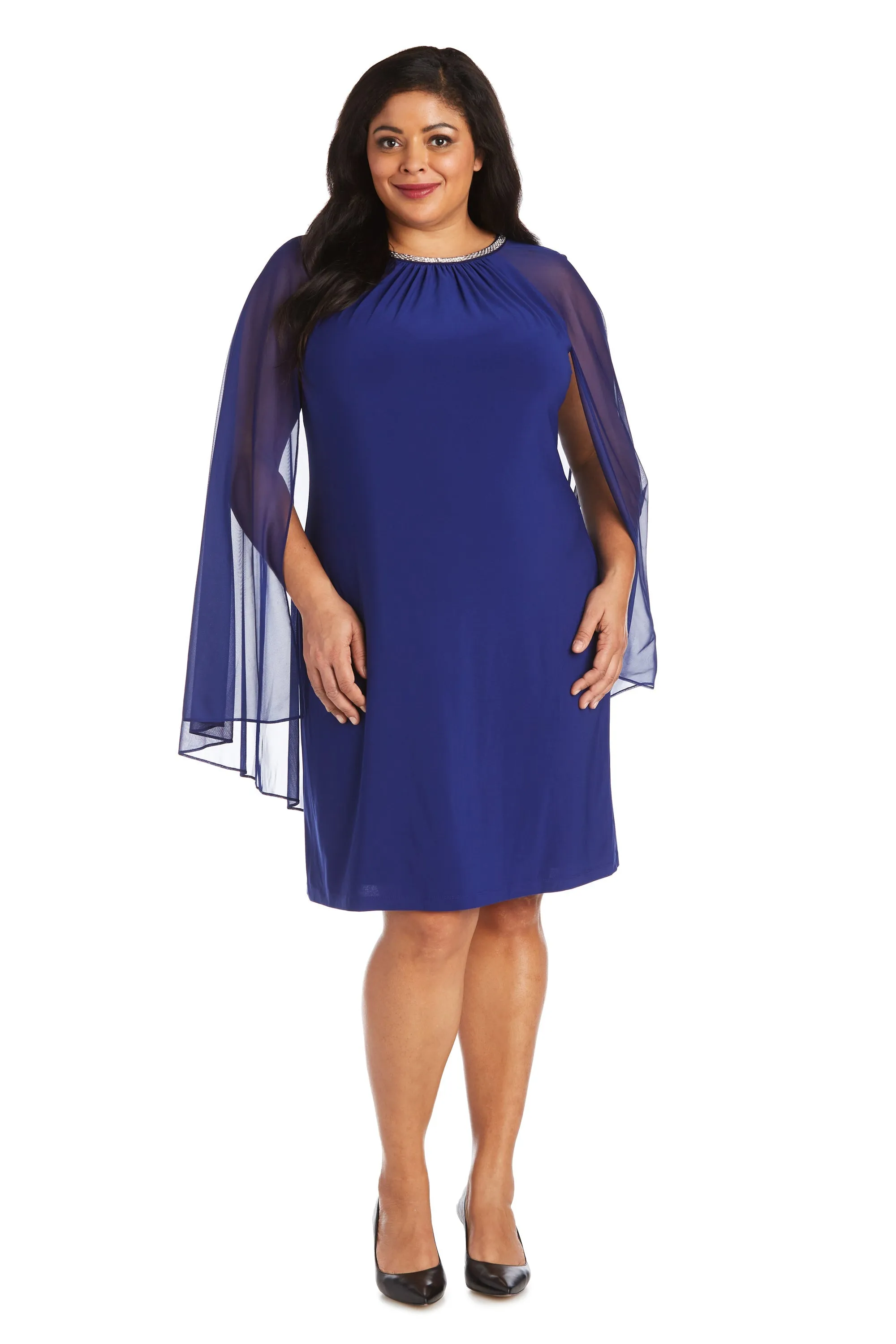 Women Plus Size Cape Dress with Rhinestone Neckline