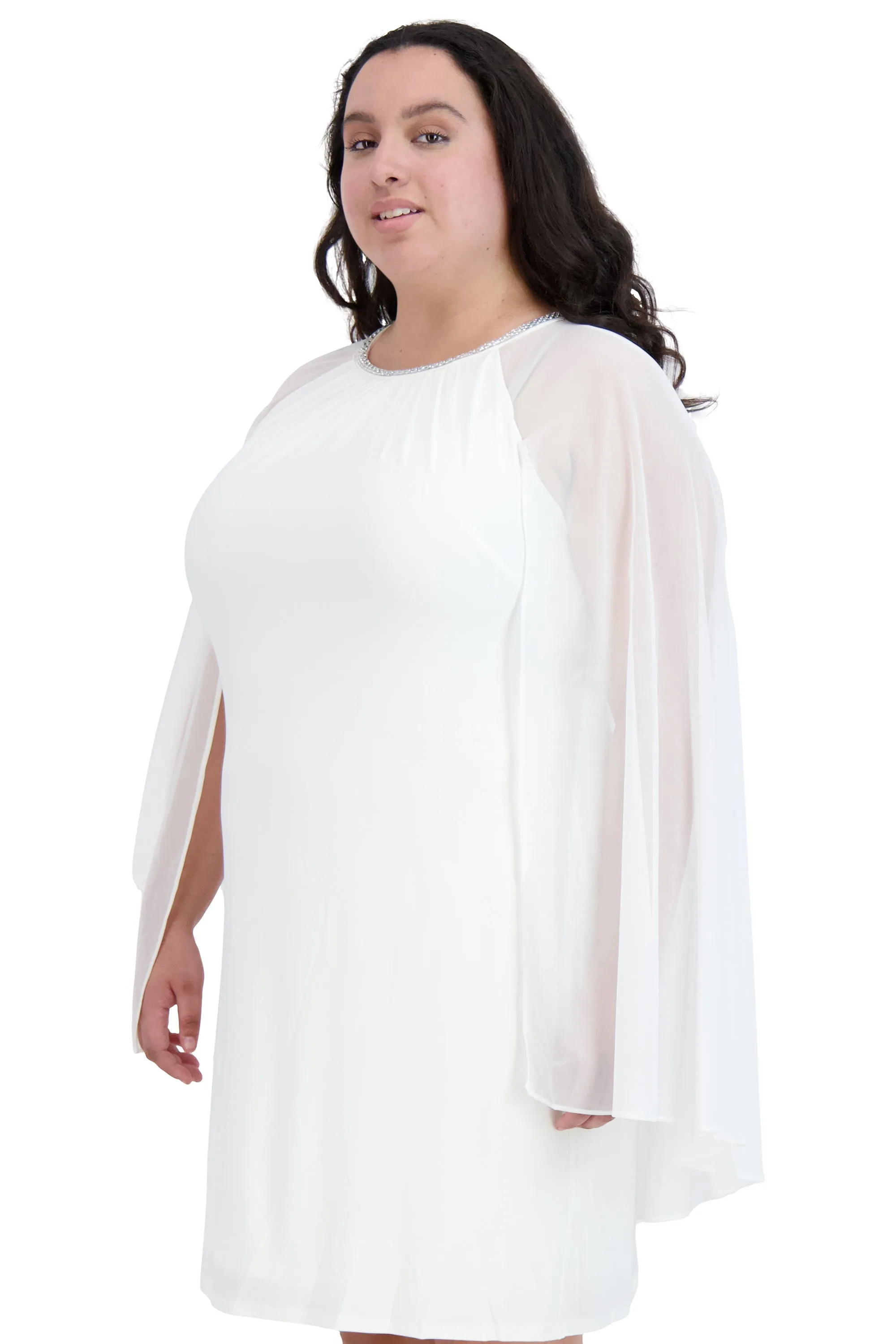 Women Plus Size Cape Dress with Rhinestone Neckline