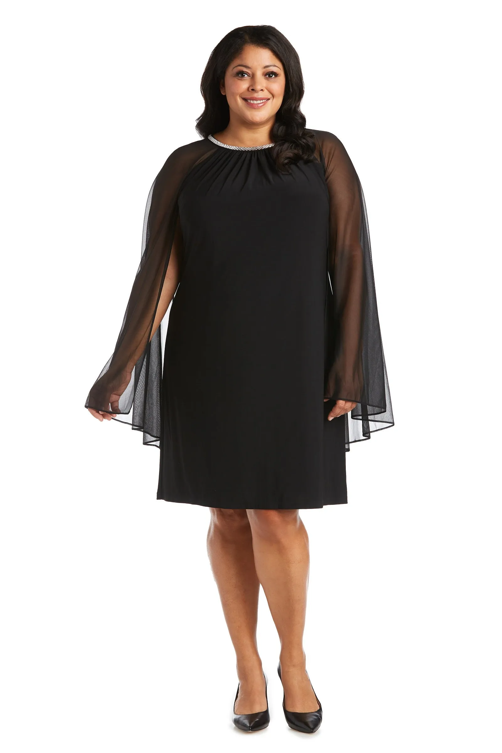 Women Plus Size Cape Dress with Rhinestone Neckline