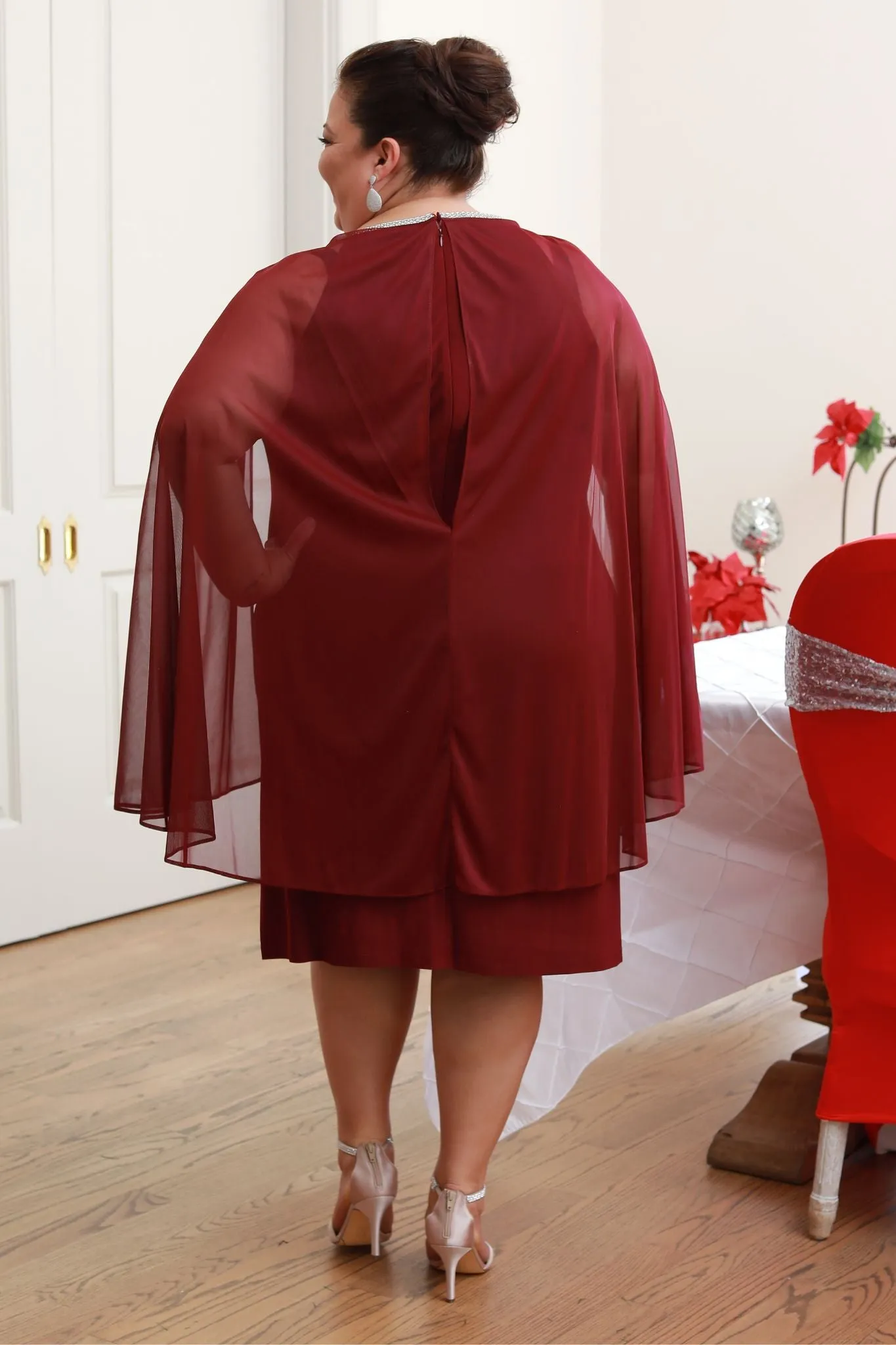 Women Plus Size Cape Dress with Rhinestone Neckline