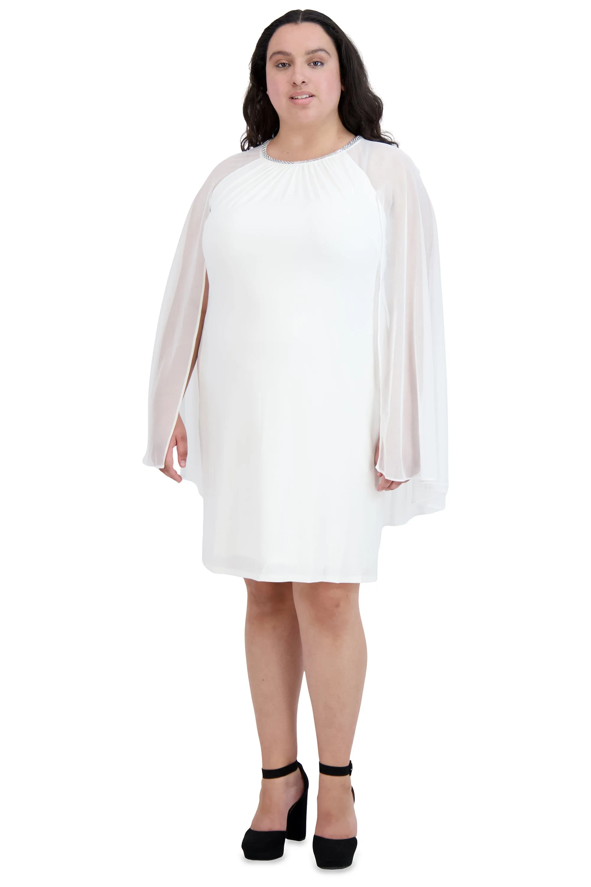 Women Plus Size Cape Dress with Rhinestone Neckline