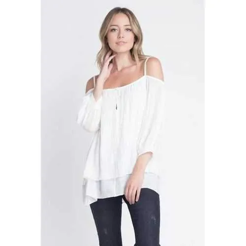 Women's 3/4 Sleeve Cold Shoulder Buttoned Top