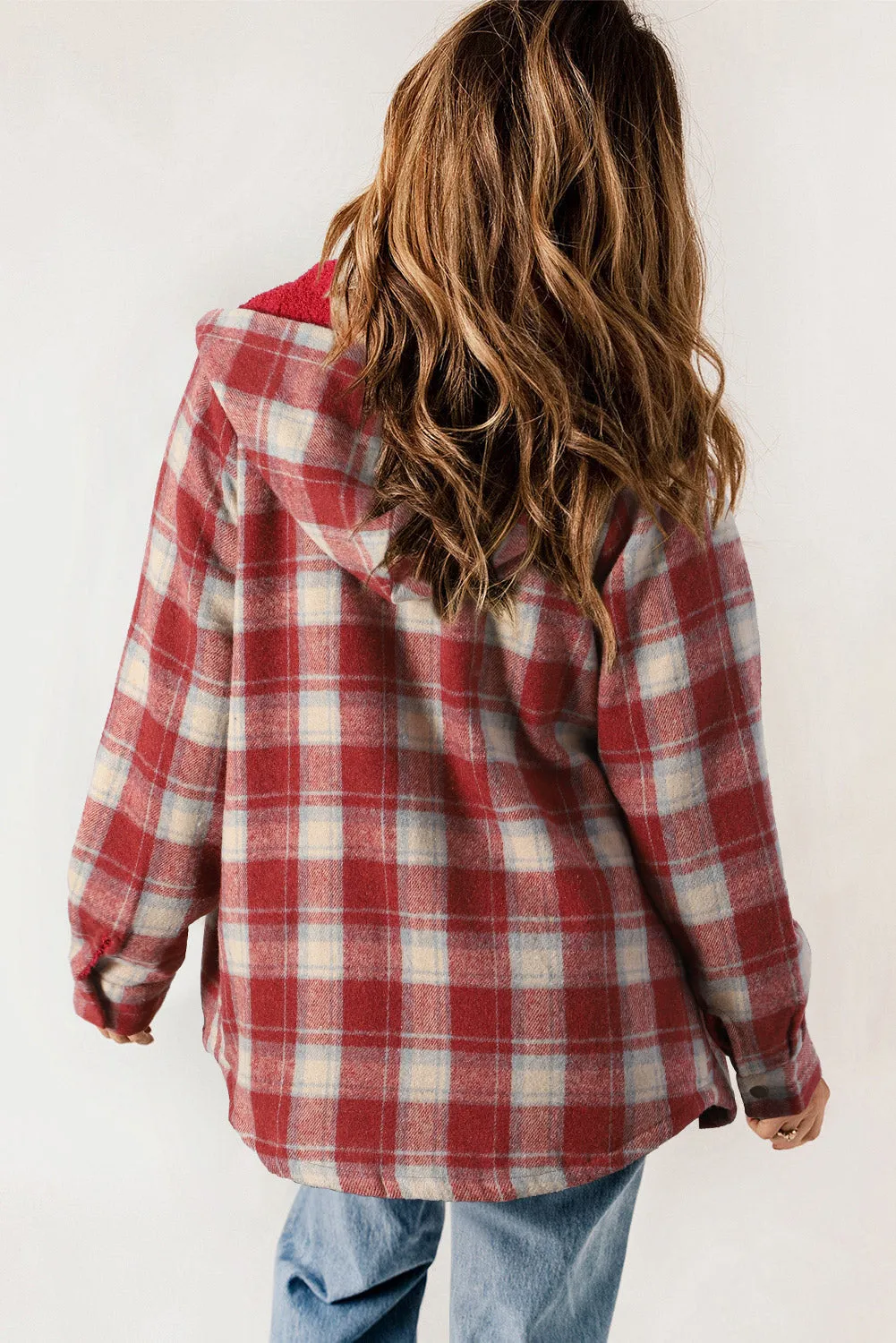 Women's Plaid Pattern Sherpa Lined Hooded Shacket