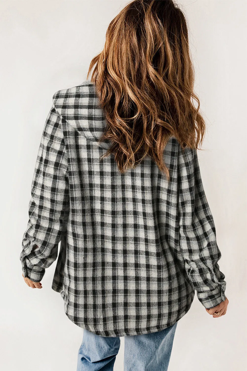 Women's Plaid Pattern Sherpa Lined Hooded Shacket