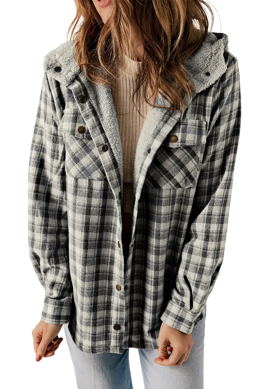 Women's Plaid Pattern Sherpa Lined Hooded Shacket