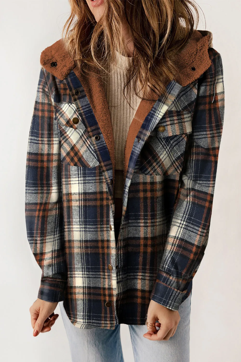 Women's Plaid Pattern Sherpa Lined Hooded Shacket