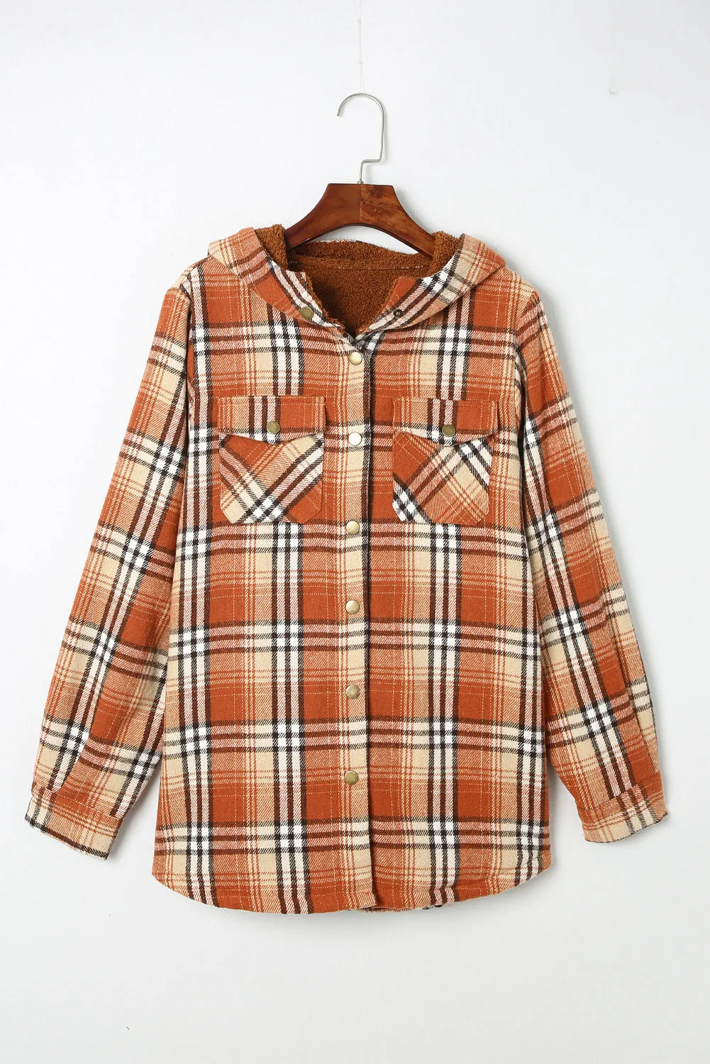 Women's Plaid Pattern Sherpa Lined Hooded Shacket