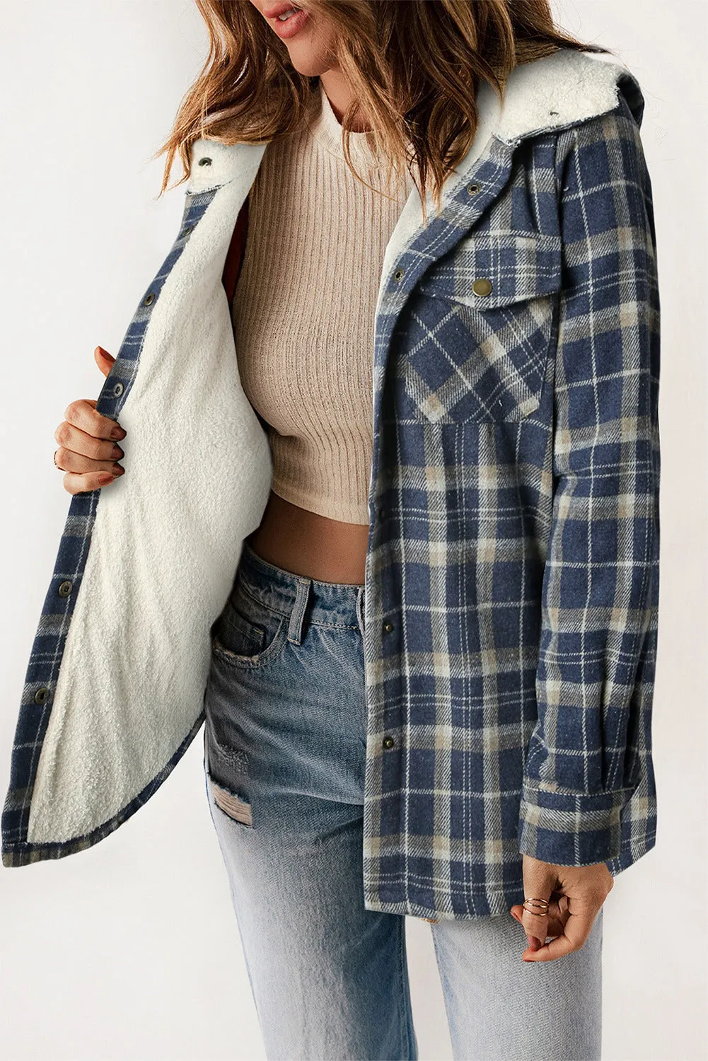 Women's Plaid Pattern Sherpa Lined Hooded Shacket