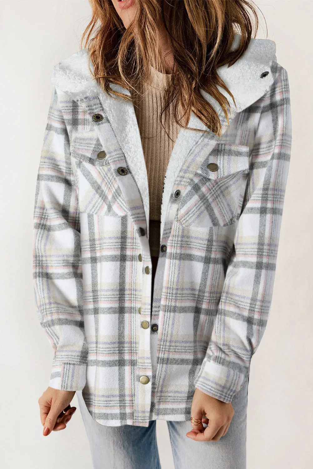 Women's Plaid Pattern Sherpa Lined Hooded Shacket