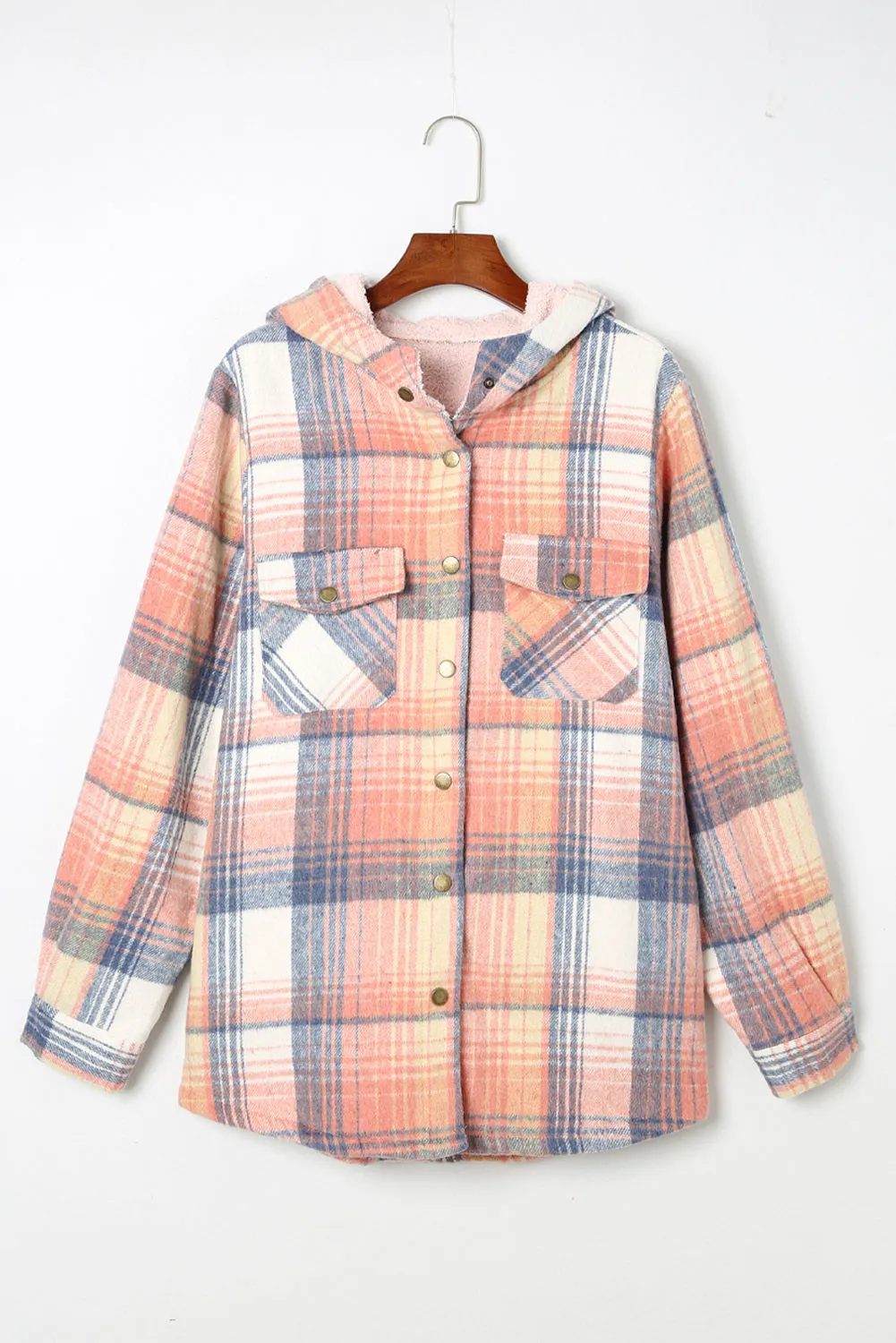 Women's Plaid Pattern Sherpa Lined Hooded Shacket