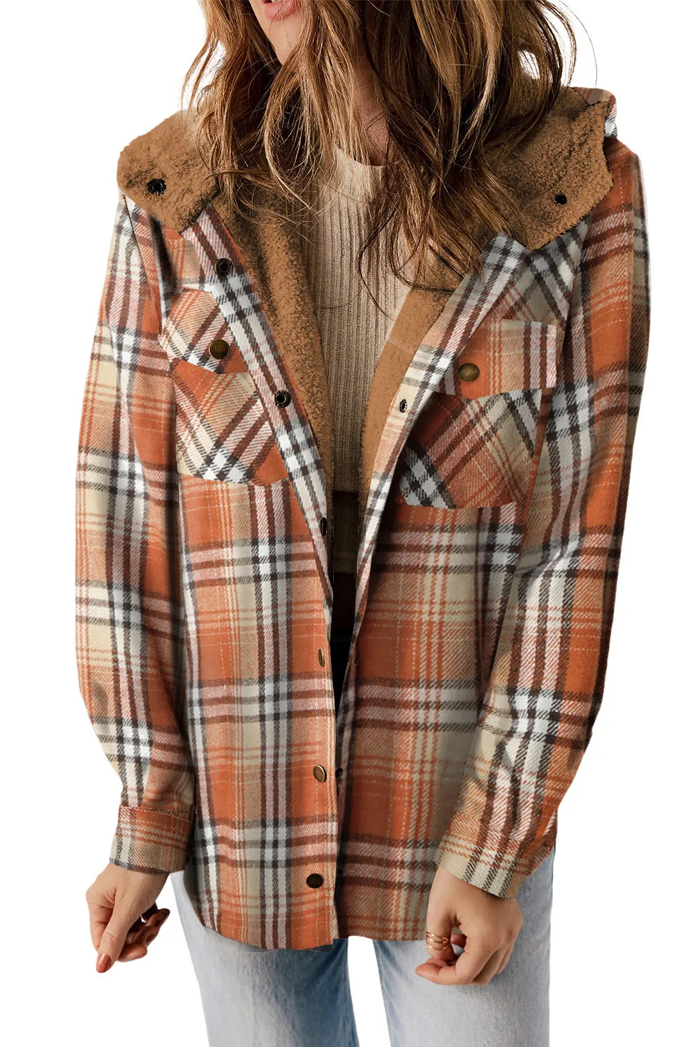 Women's Plaid Pattern Sherpa Lined Hooded Shacket