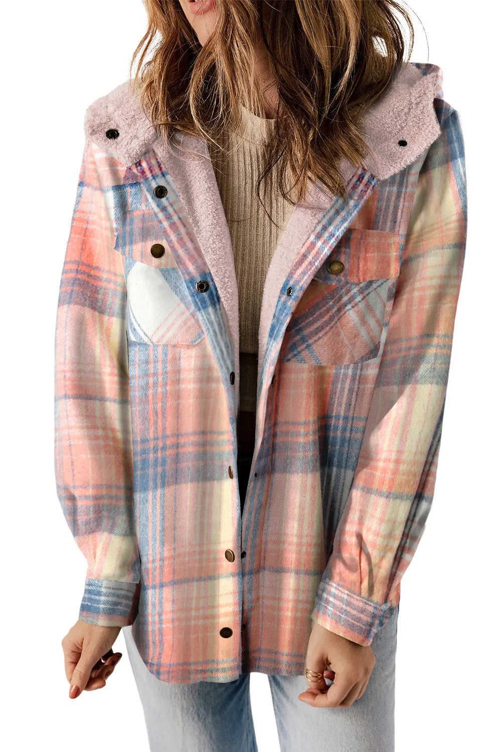 Women's Plaid Pattern Sherpa Lined Hooded Shacket