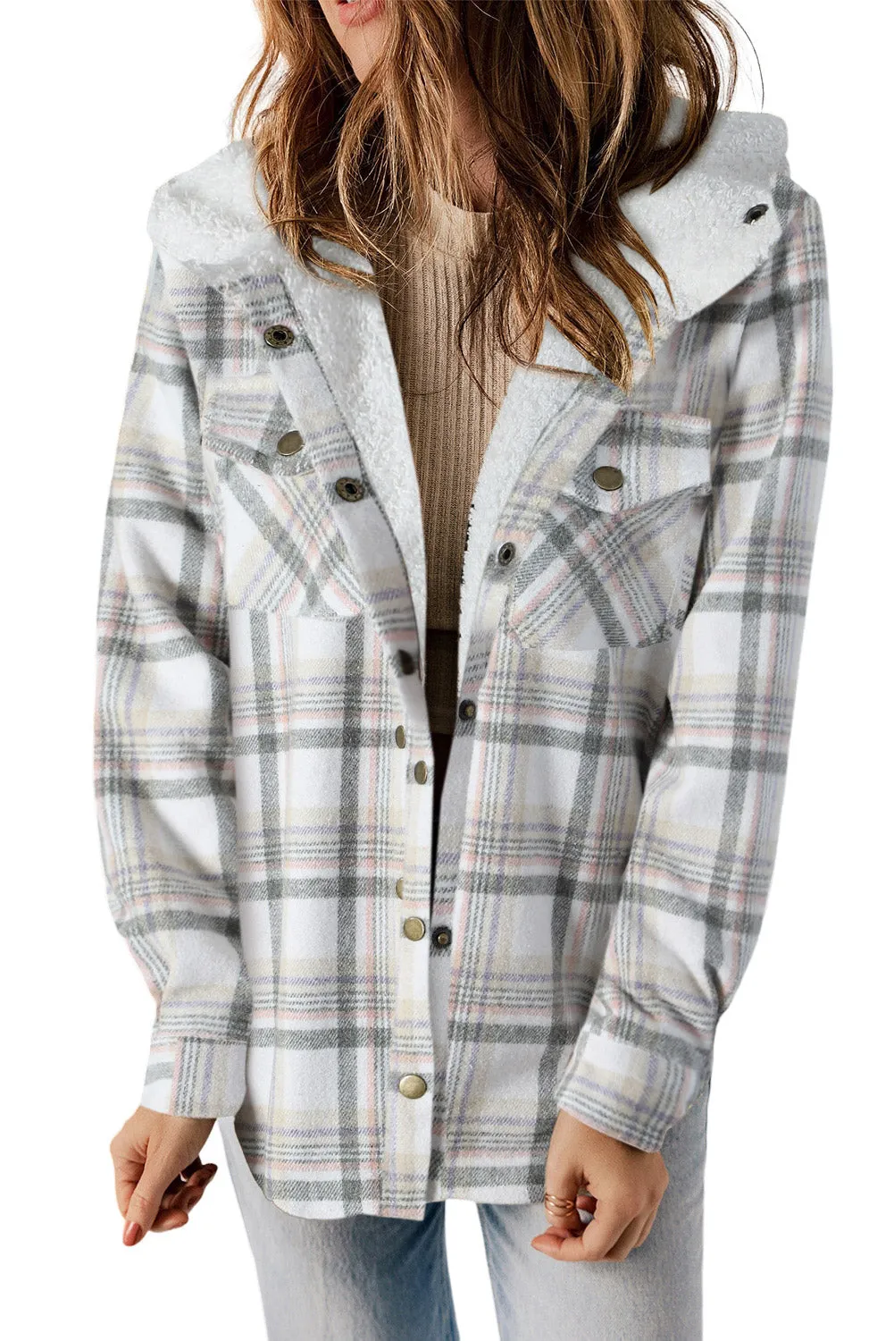 Women's Plaid Pattern Sherpa Lined Hooded Shacket