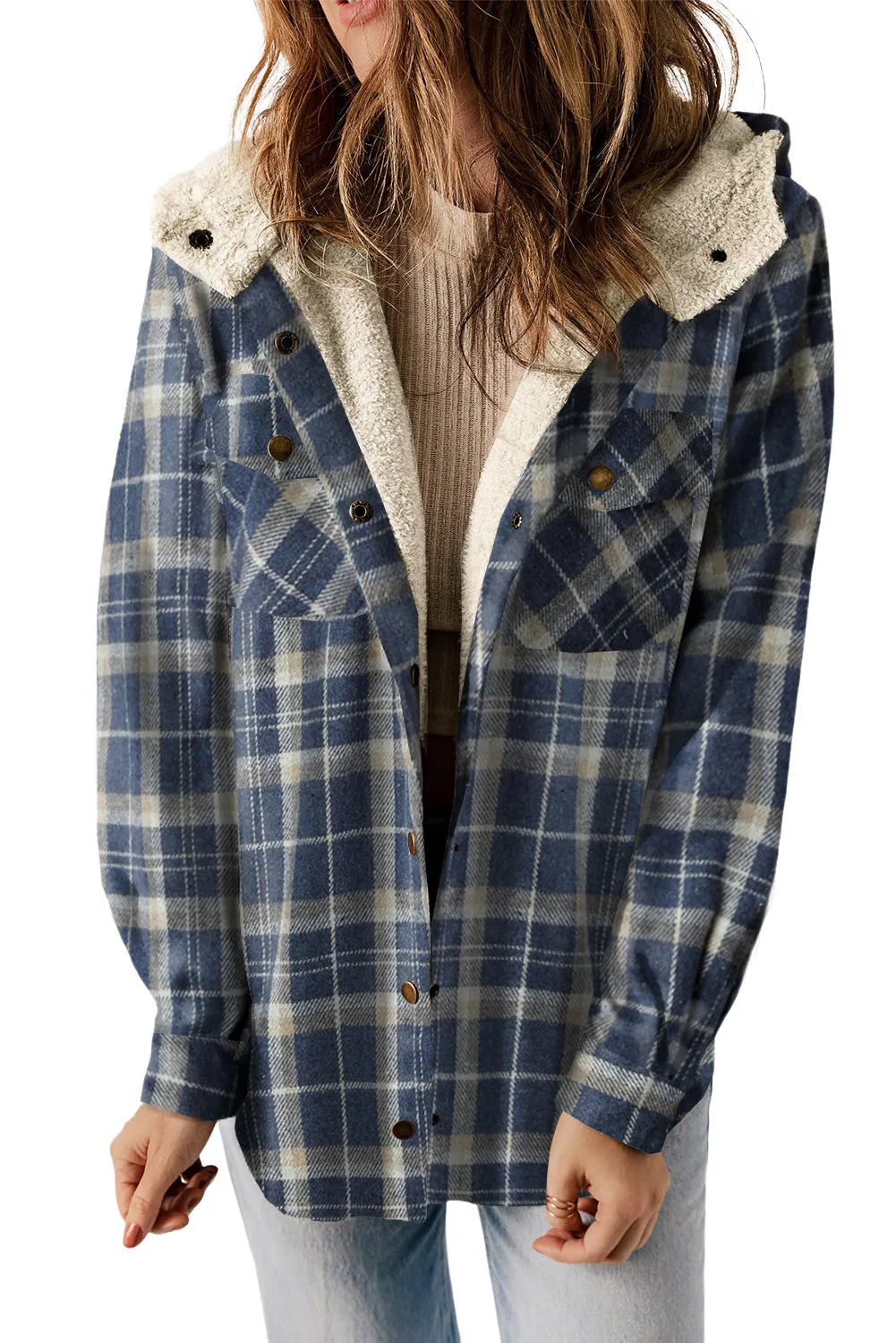 Women's Plaid Pattern Sherpa Lined Hooded Shacket