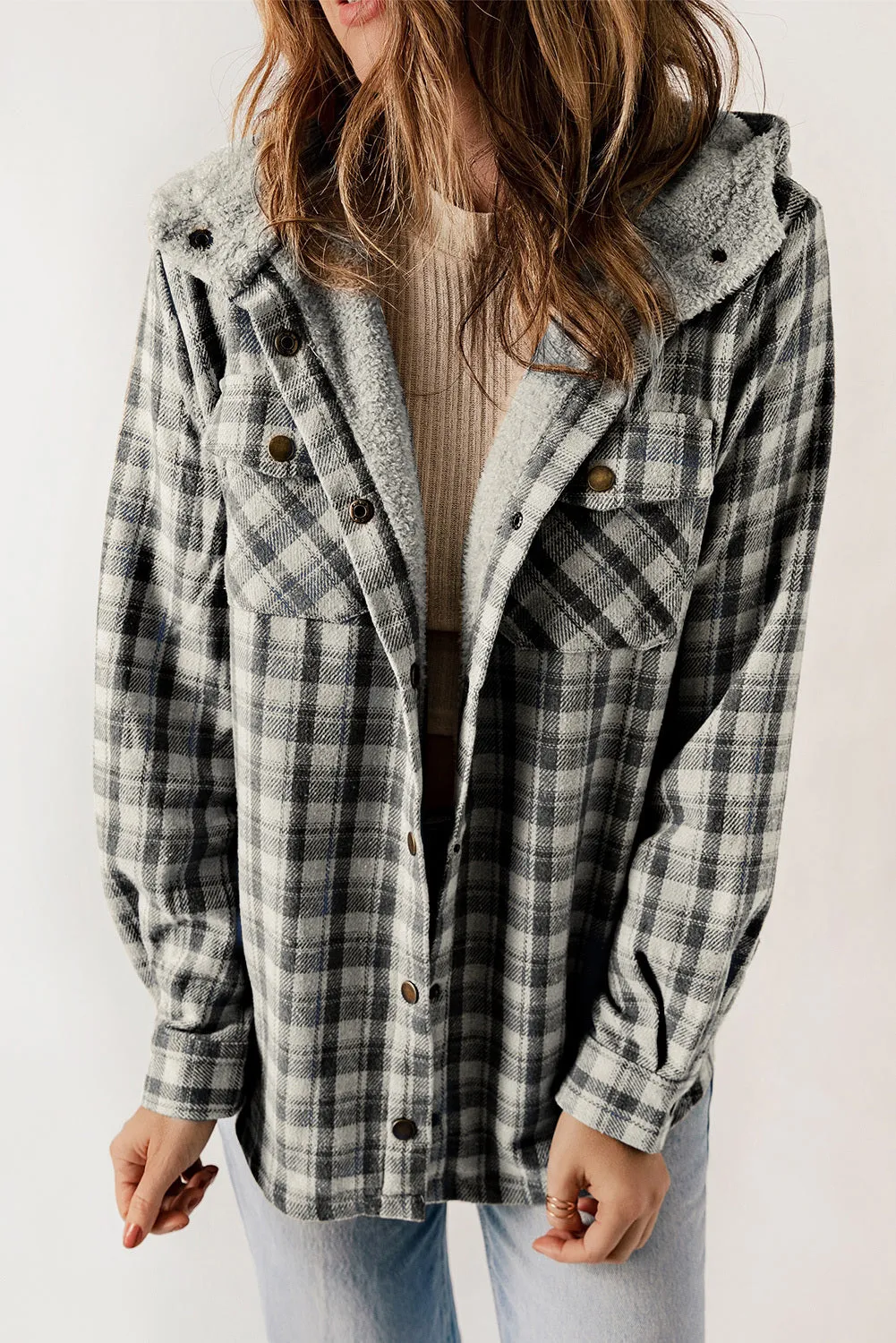 Women's Plaid Pattern Sherpa Lined Hooded Shacket