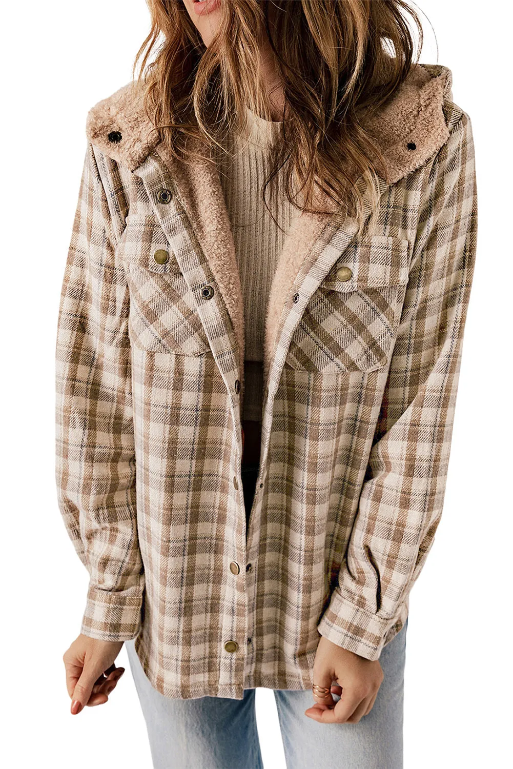 Women's Plaid Pattern Sherpa Lined Hooded Shacket