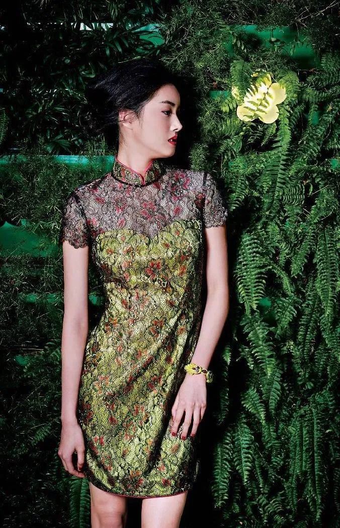 Yellow Floral Qipao With Top Layered Lace