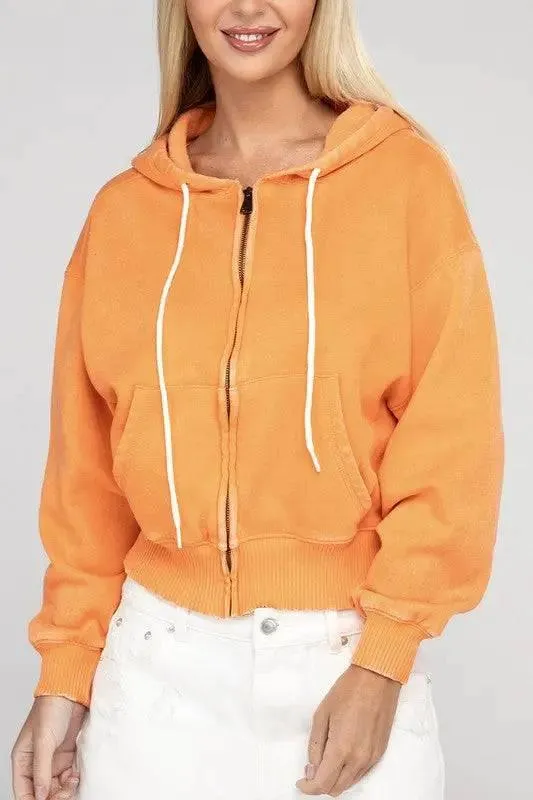 Zenana fleece cropped zip-up hoodie