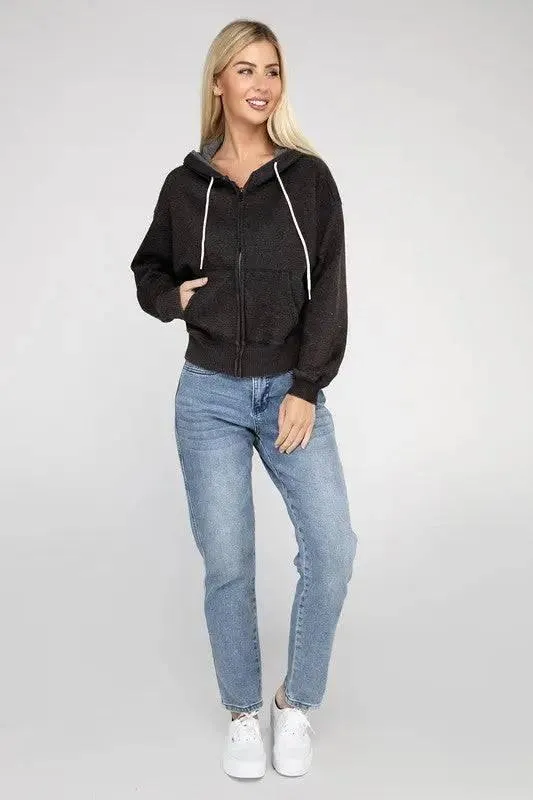 Zenana fleece cropped zip-up hoodie