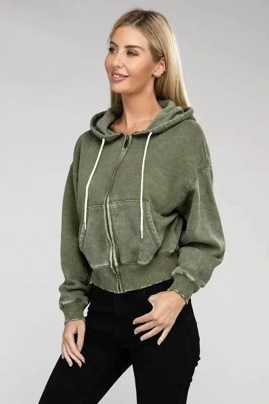 Zenana fleece cropped zip-up hoodie