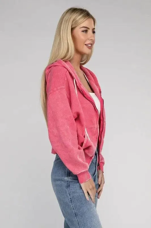 Zenana fleece cropped zip-up hoodie