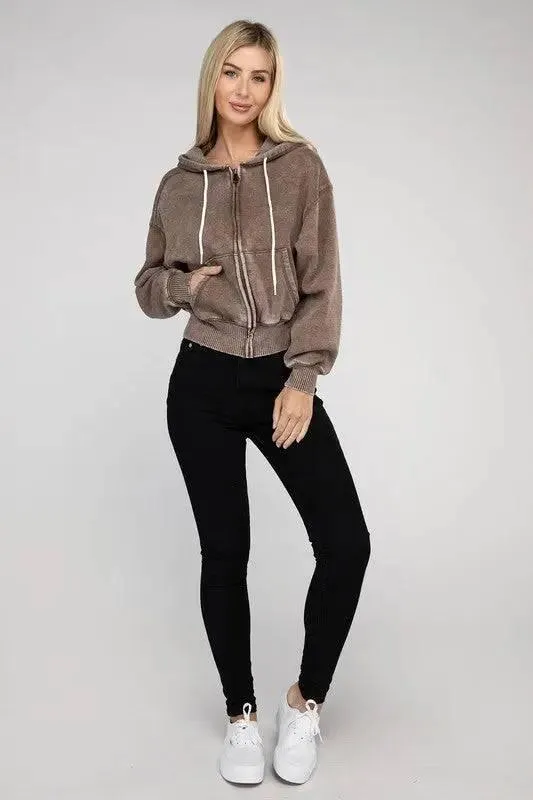 Zenana fleece cropped zip-up hoodie