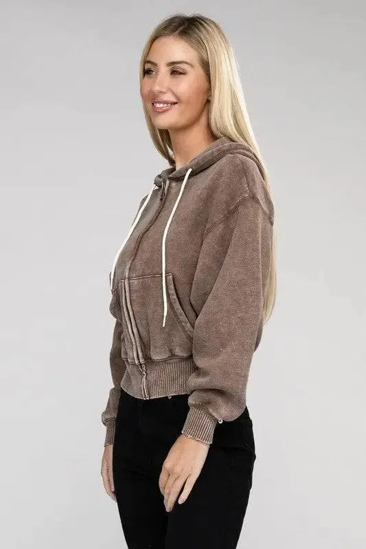 Zenana fleece cropped zip-up hoodie